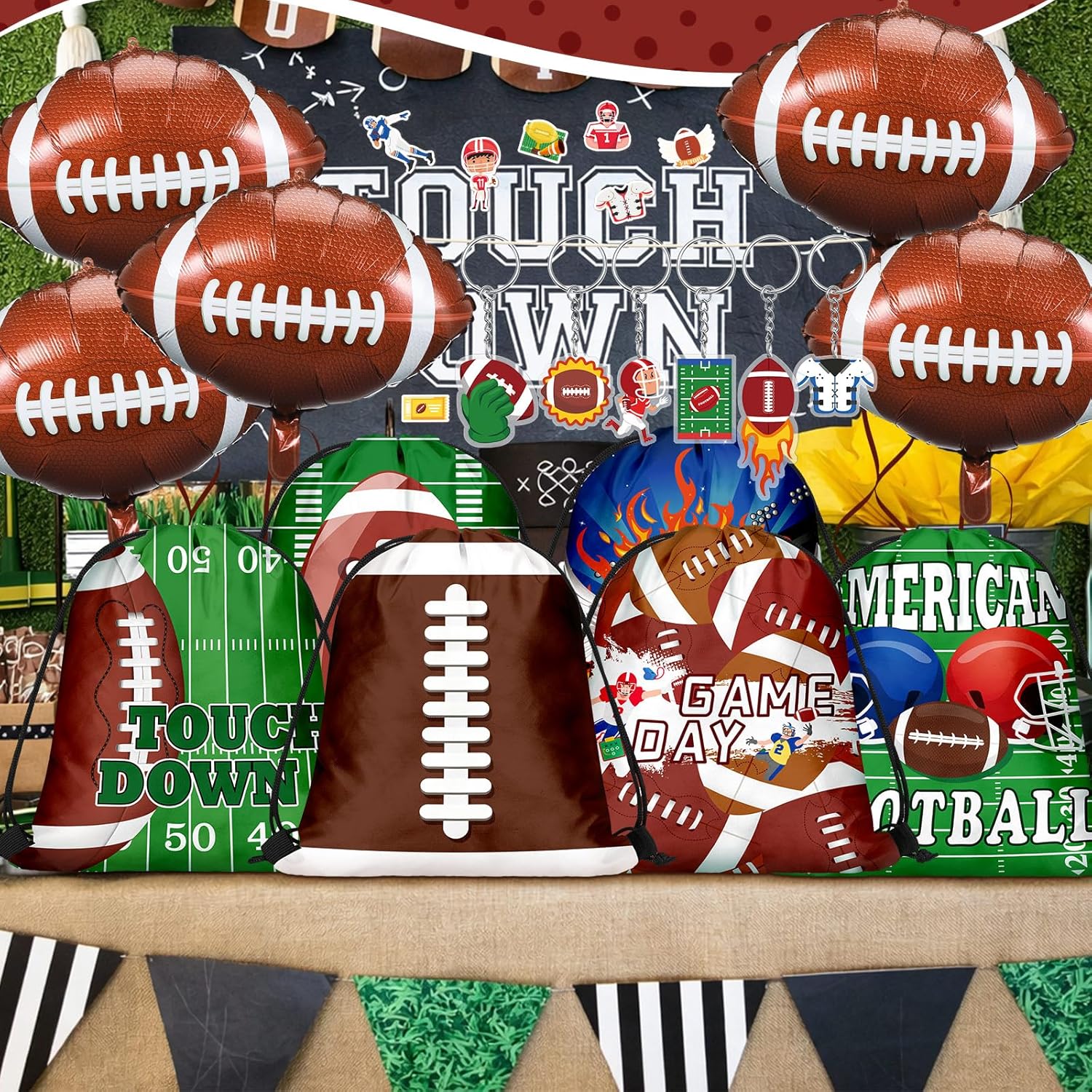 196 Pcs Football Party Favors Drawstring Bags Football Gift Goodie Bag Stuffers Wristband Keychains Sticker Balloon for Birthday Party Team Gift Rewards Supplies
