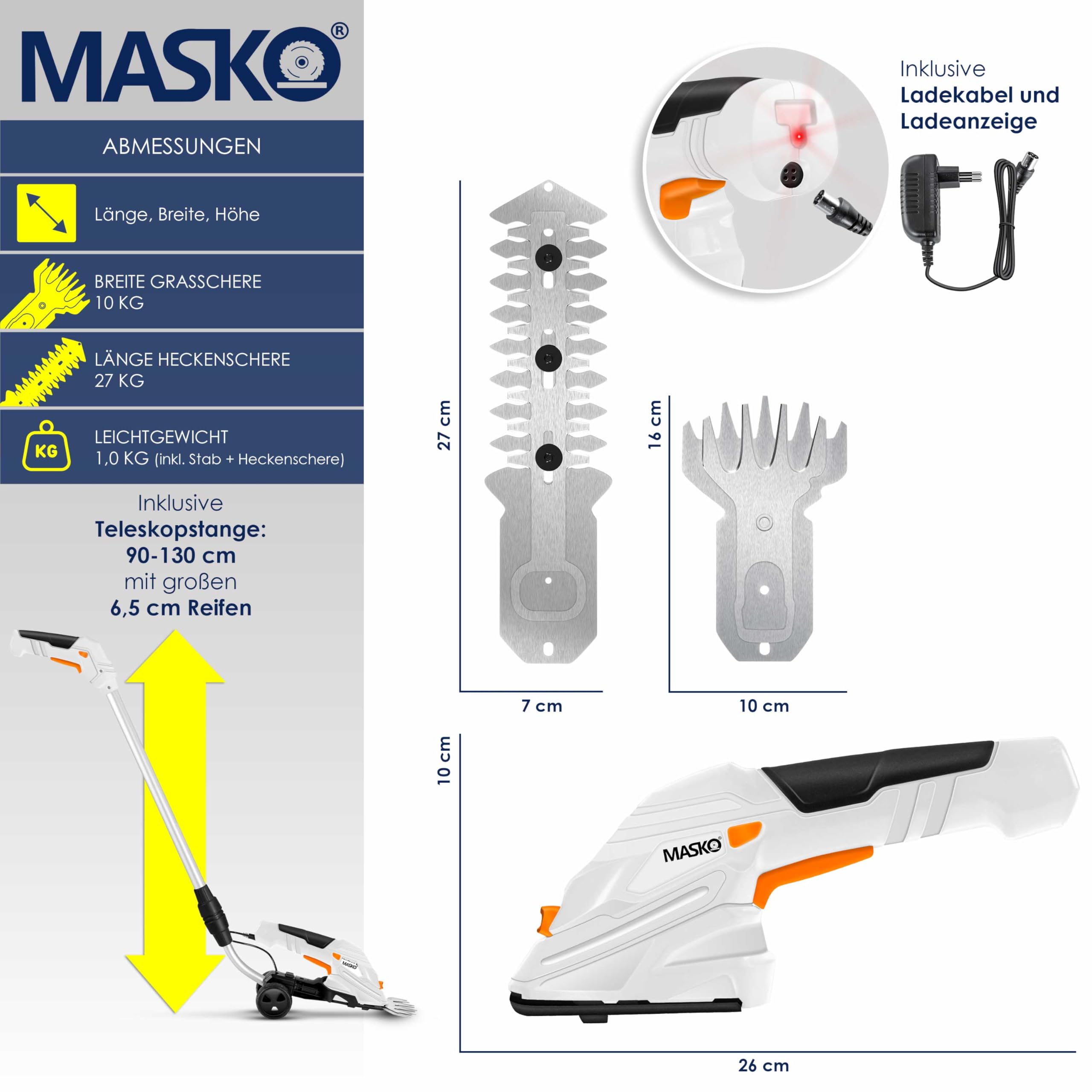 MASKO® Set cesoie-batteria 7,2 V, 2000 mA/h, tagliasiepi giardino, caricabatterie, guanti, coltello erba, lame, manico telescopico 90-130 cm, ruote
