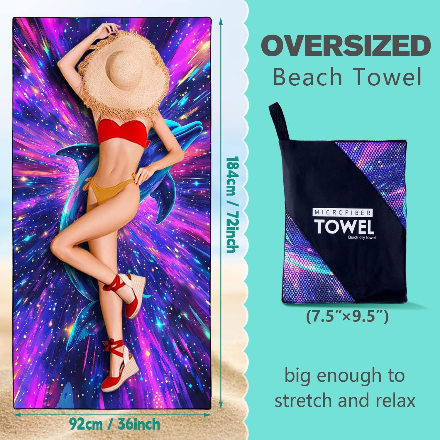 Fantasy Dolphin Beach Towel Oversized 36" x 72", Thin Lightweight Sand Free Quick Dry Microfiber Towel for Swimming Pool Cruise Camping Travel - Image 5