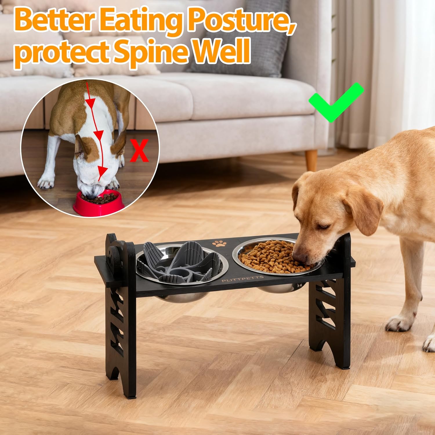 Elevated Dog Bowls, 9 Heights Adjustable Raised Dog Bowl Stand for Small & Medium Pet with 2 Stainless Steel Dishes and 1 Slow Feeder Bowl, Sturdy Bamboo Pet Food Dishes with Non-Slip Feet - Image 3