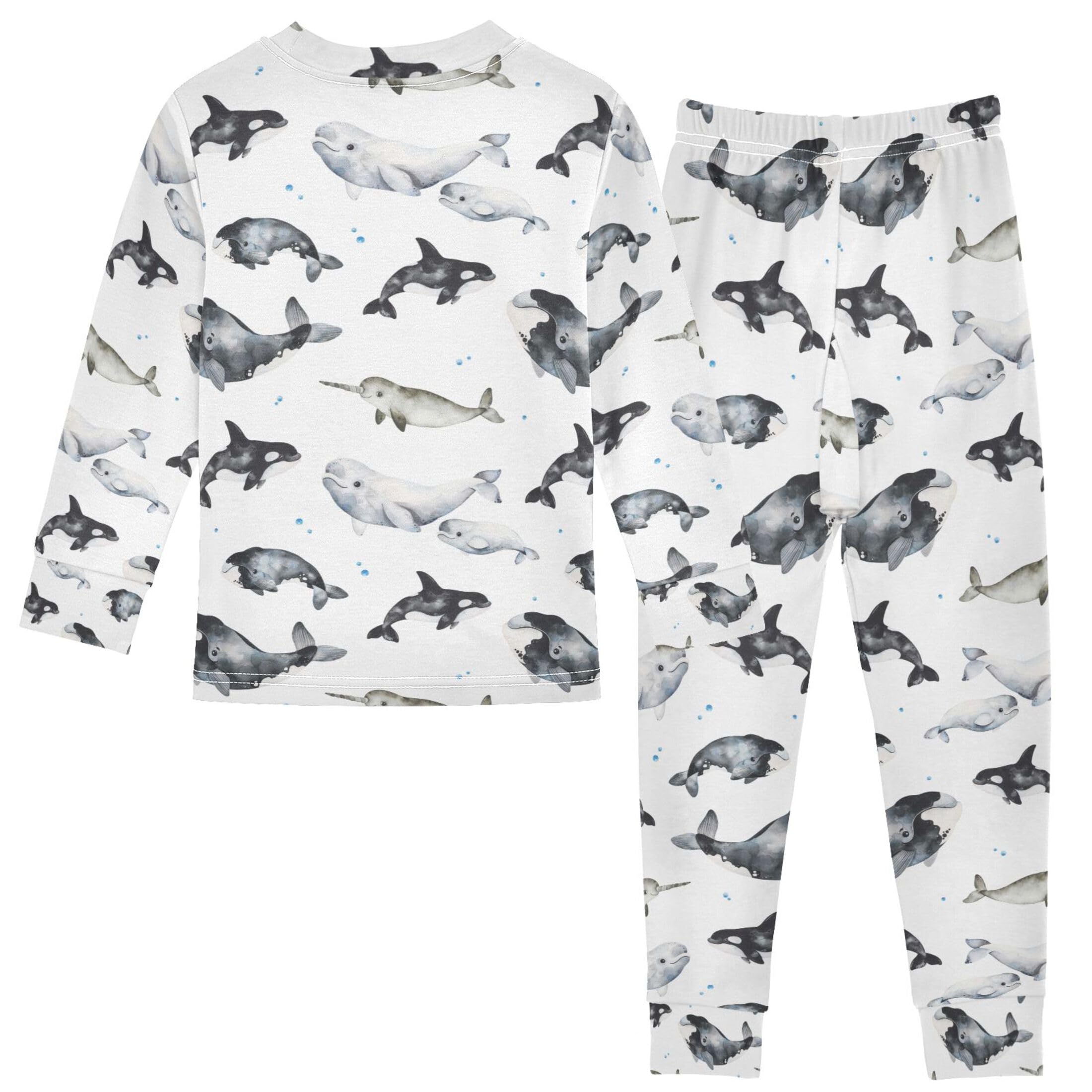 Vozoza Whales Narwhal Beluga Pajama Sets Long Sleeve Top with Pants Cotton Soft Sleepwear 2 Piece Pjs Set Size 3T