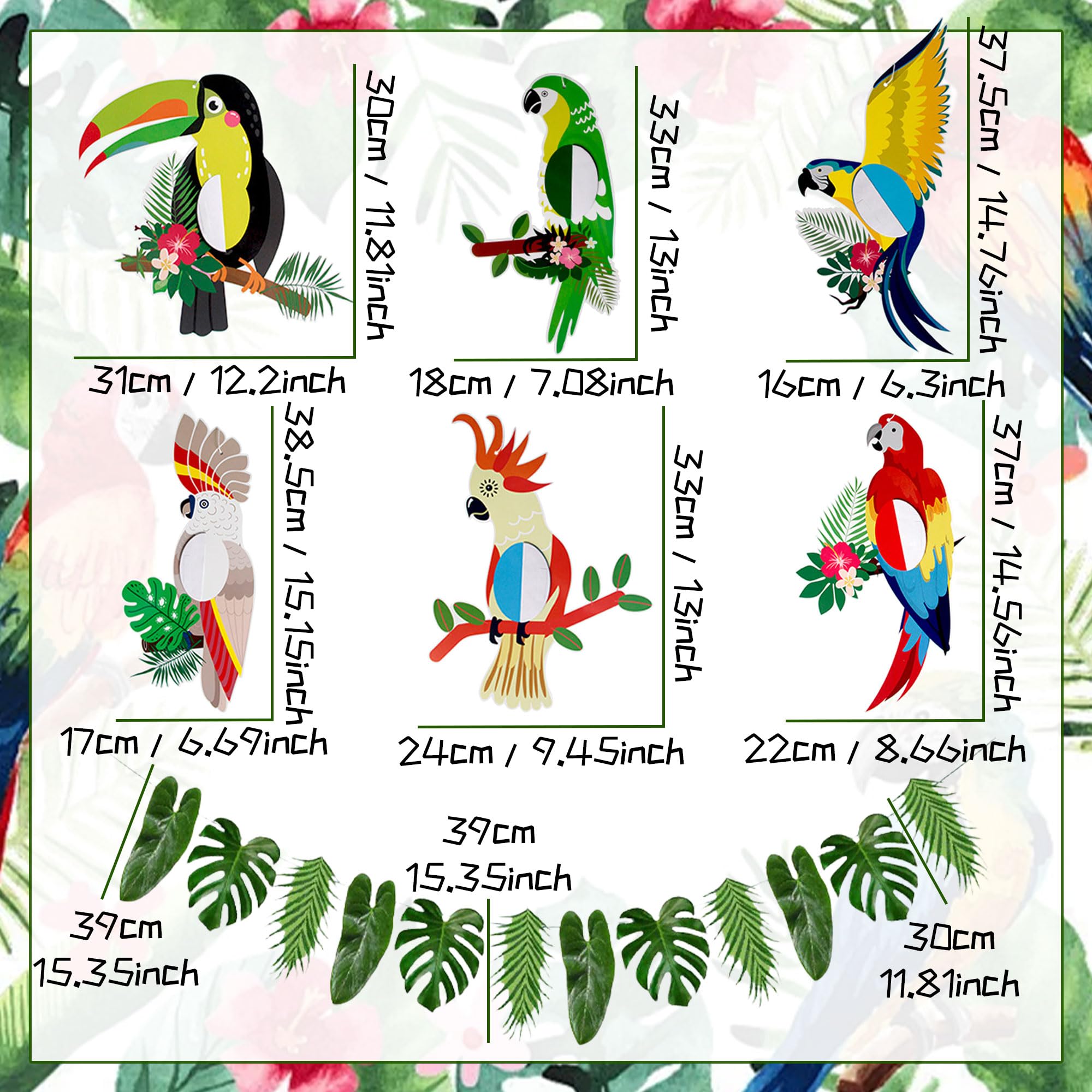 7PCS Tropical Bird Hanging Decorations Leaves Banner Tropical Birds Honeycomb Paper Cutouts Parrot Honeycomb Palm Leaves Banner Hawaiian Beach Luau Party Hanging Decorations Tiki Bar Supplies - Image 2