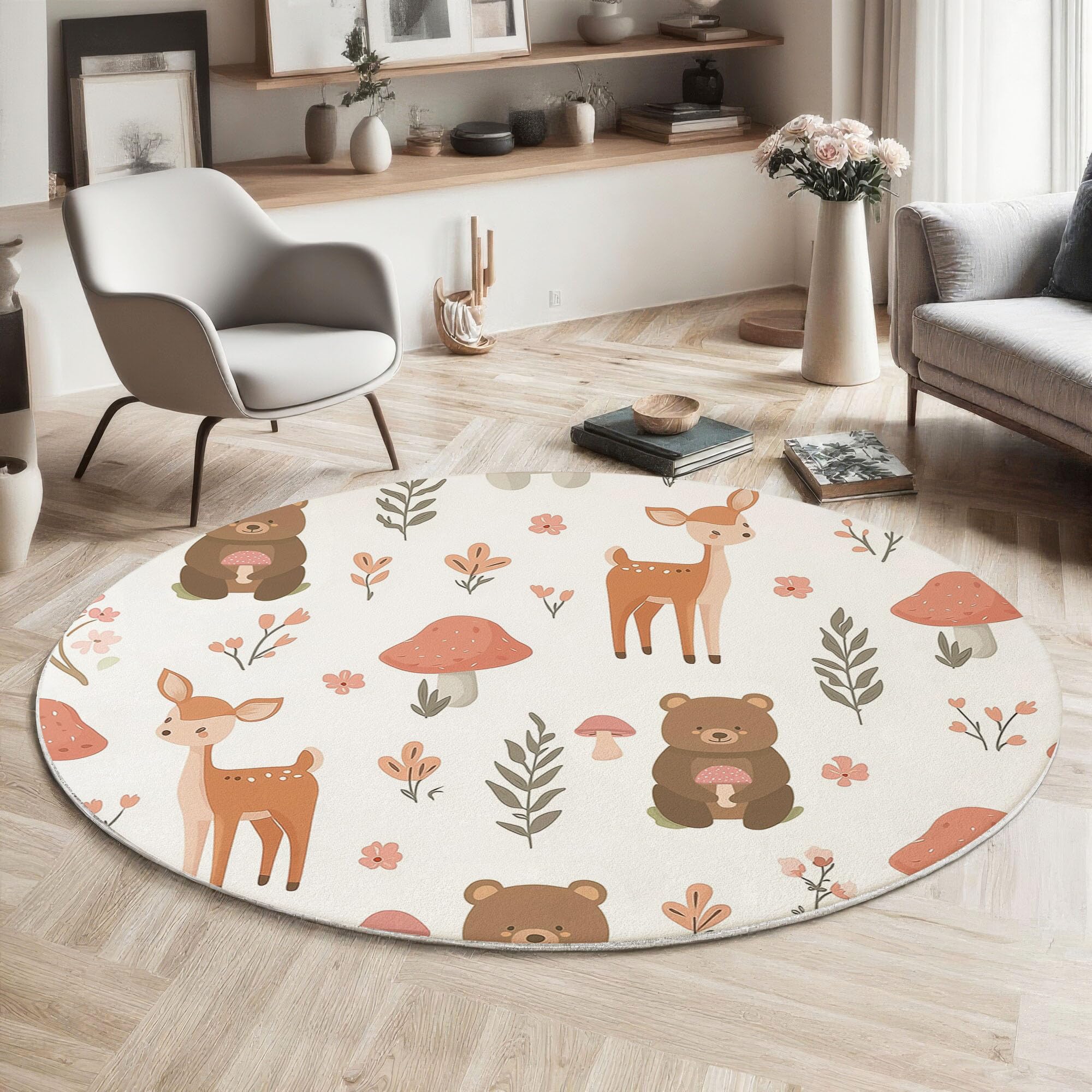 Kinder Teppich rund 120cm – Waschbar & rutschfest | Waldtiere Bären-Hirsch-Pilz für Jungen & Mädchen – Kinderzimmer, Babyzimmer, Wohnzimmer – Orange-rosa