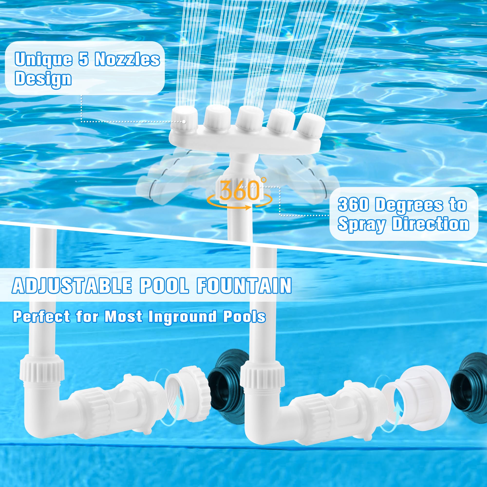 Fuente de Piscina Ajustable, Fuente Aspersora con 5 Boquillas 360° Control de Dirección Cascada de Agua Refrescante Aireador Rociador