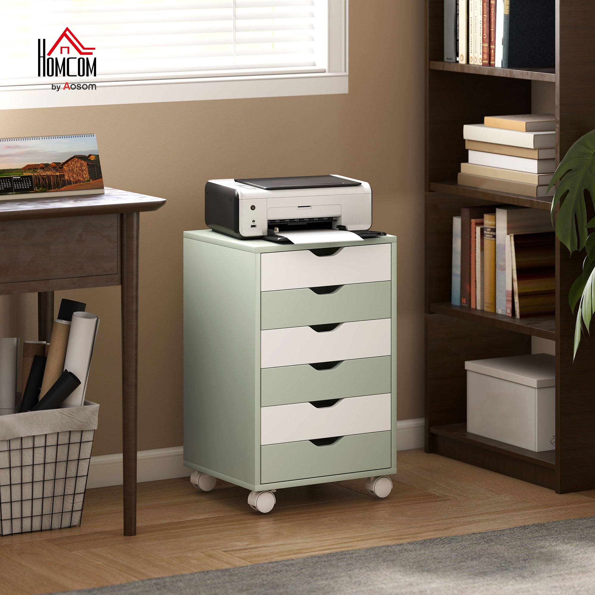 HOMCOM Cassettiera da scrivania, schedario mobile con 6 cassetti, supporto per stampante con rotelle, guide silenziose, per ufficio, casa, verde e bianco