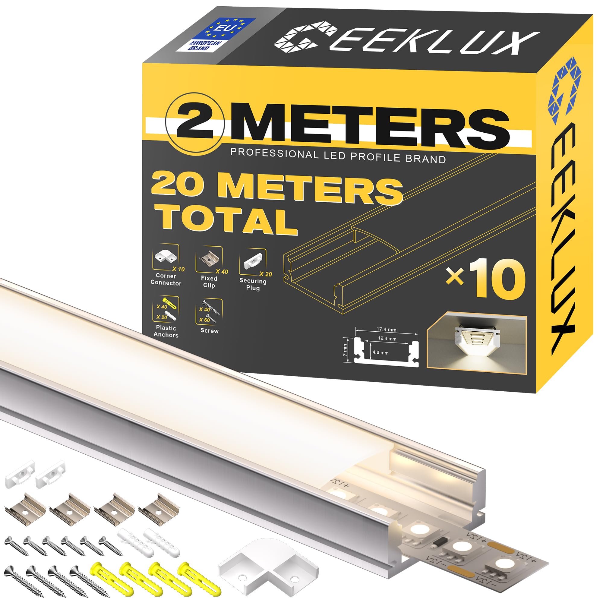 LED Aluminium Profil U-Form 2M*10pcs(20M) mit Milchig Weißer Abdeckung Kanal Diffusor Alu LED leisten Schienen kanalleiste Aluprofil Streifen Profile lichtkanal led strip aluschiene unterputzprofil