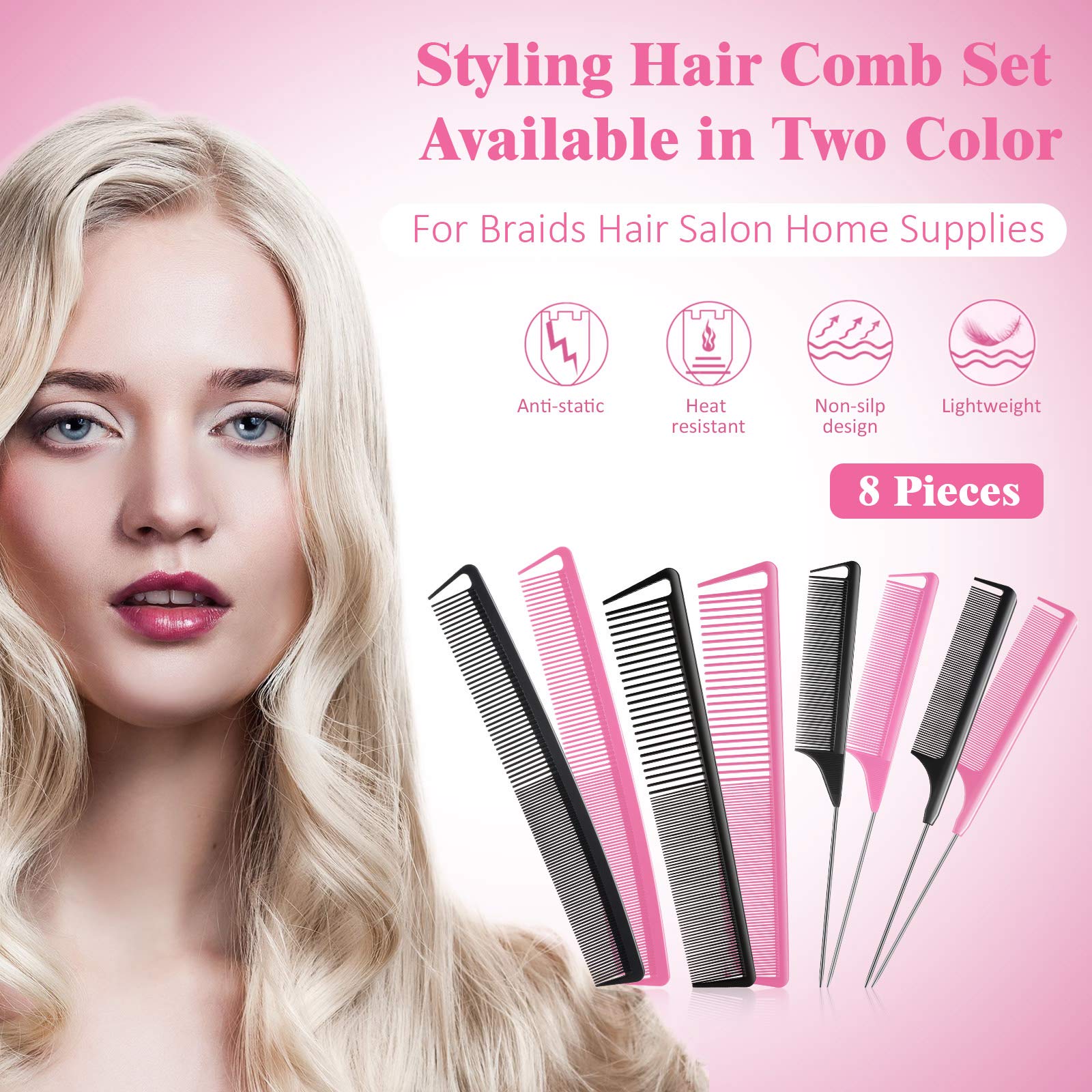 Juego de 8 peines de cola de rata para mujer, juego de peines de dientes finos y anchos, fibra de carbono, corte y cola de pintail, suministros de peluquería para trenzas, salón de belleza 2