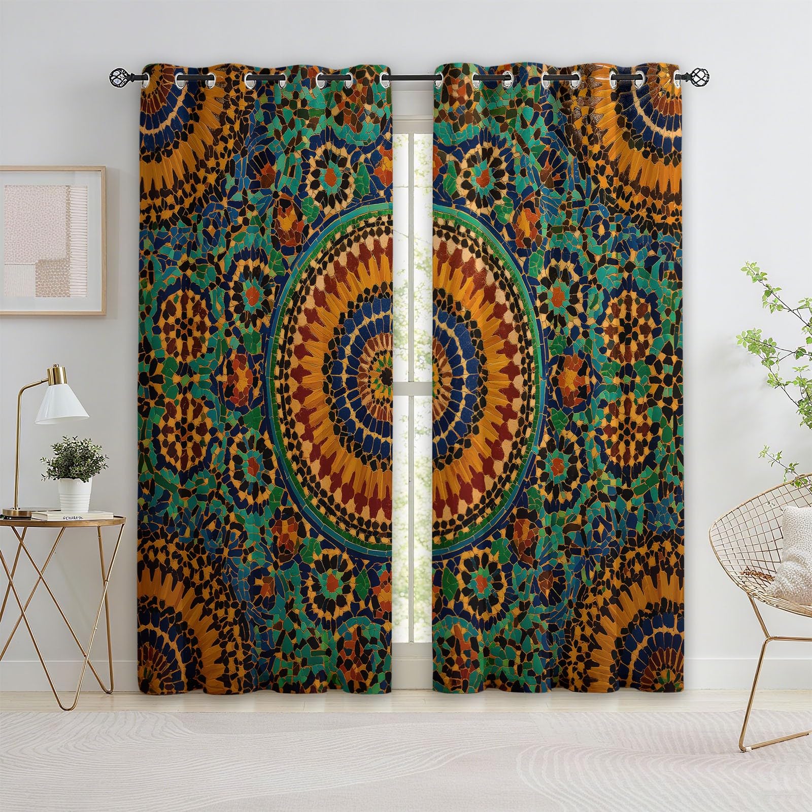 Zestaw 2 termicznych zasłon zaciemniających z poliestru, z oczkami, 280 x 260 cm, vintage, etniczny nadruk kołowy, do salonu, sypialni, pokoju dziecięcego, zielone, zestaw 2 sztuk