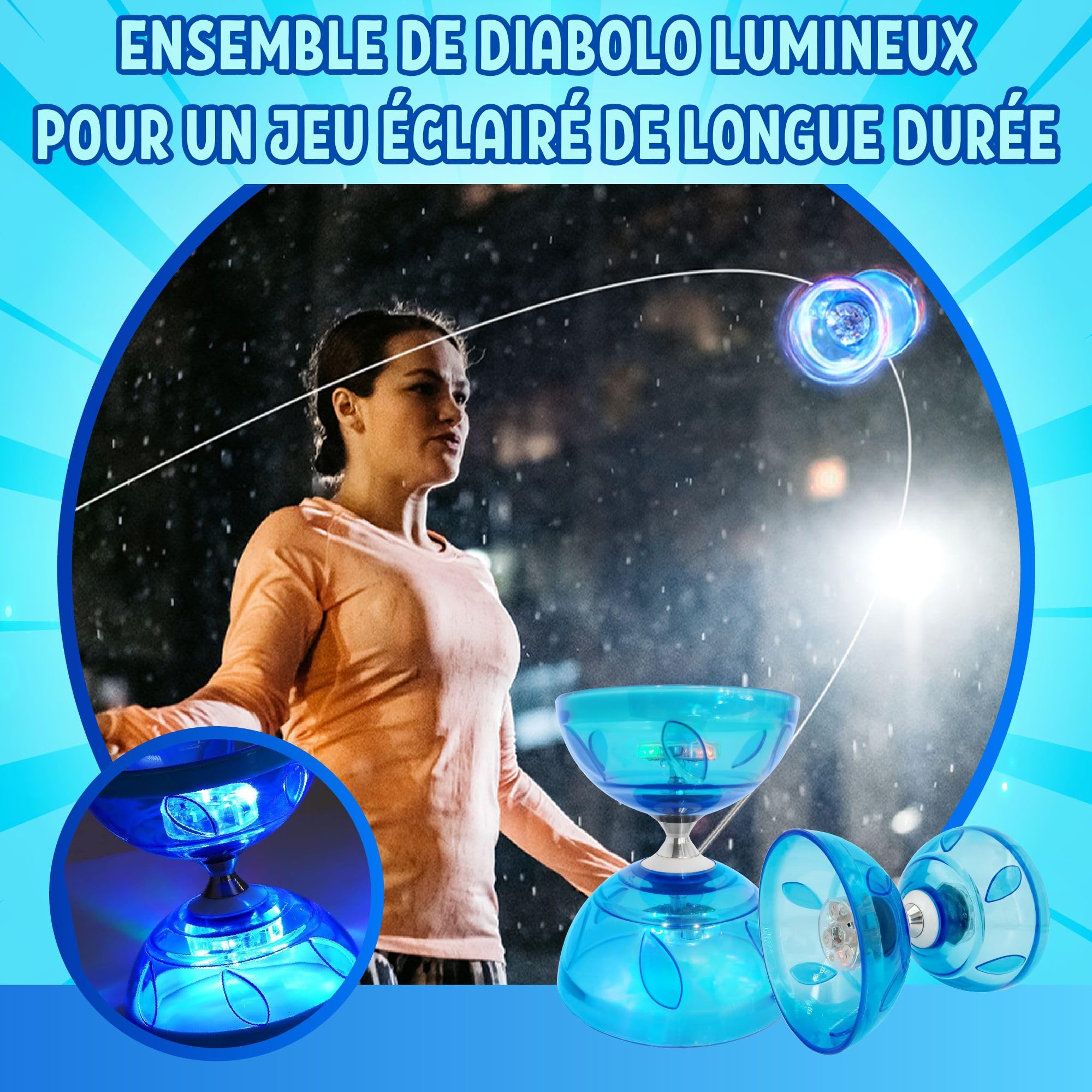 LED Diabolo Tripler Roulement à Billes Kit Jonglerie - Lumineux Diabolo pour Débutants & Professionnels | Cirque Jeu Accessoires pour Les Enfants & Les Adultes | avec Ficelle, Sac en Filet & 2 Bâtons