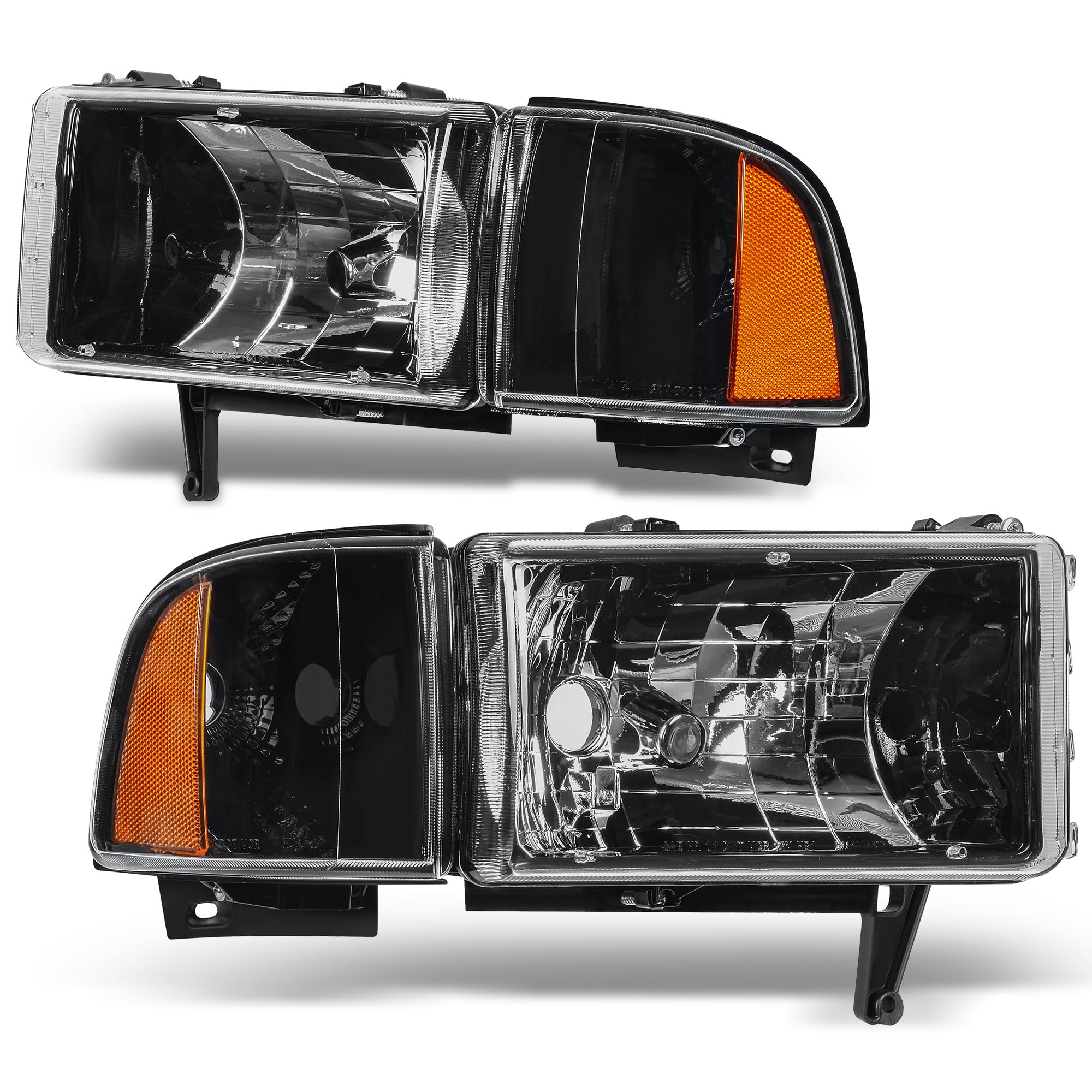 AUTOSAVER88 Headlight Assembly Compatible with 1994-2001 Dodge Ram 1500/1994-2002 Dodge Ram Pickup 2500 3500 Black Housing Amber Reflector with Corner lights