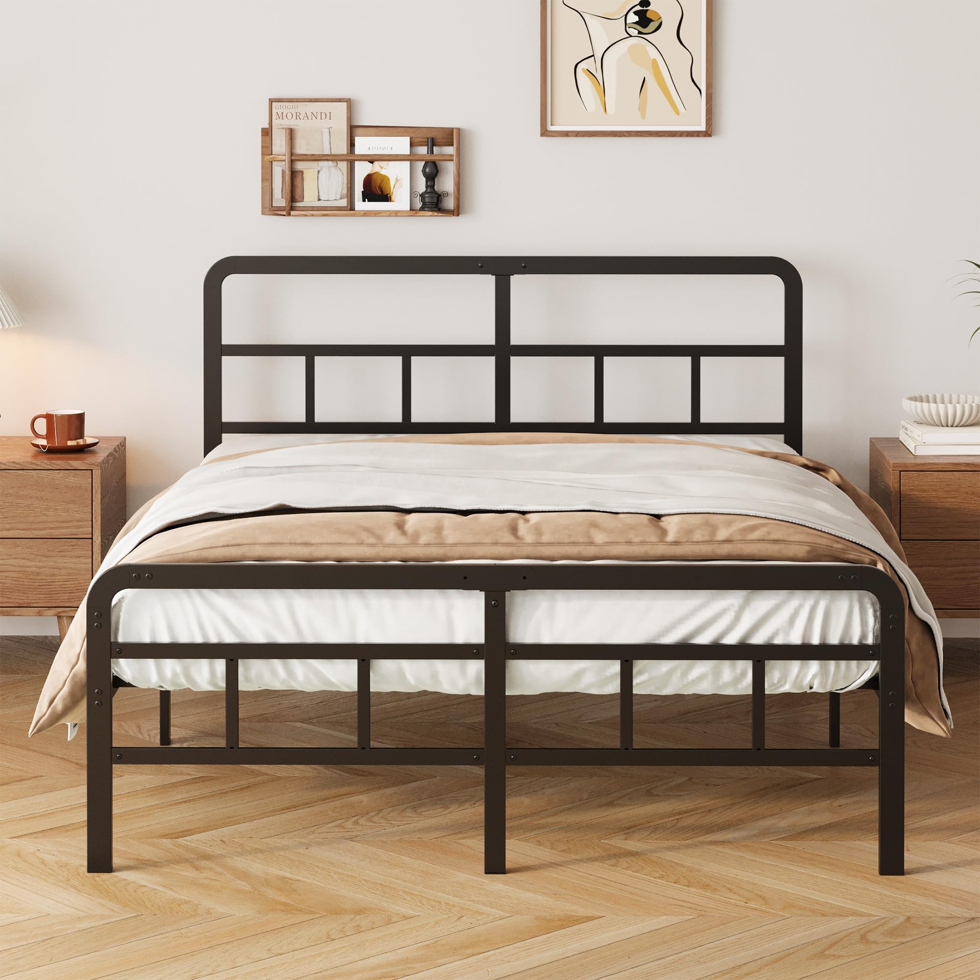 Yicensen Metallbett 140x200 cm mit Gebogenem Kopf und Fußteil, Bettgestell aus Metall für Doppelbett mit Schweren Metalllatten für Stabilen Halt, Geräuschlos, Einfach zu Montieren, 36cm Hoch, Schwarz