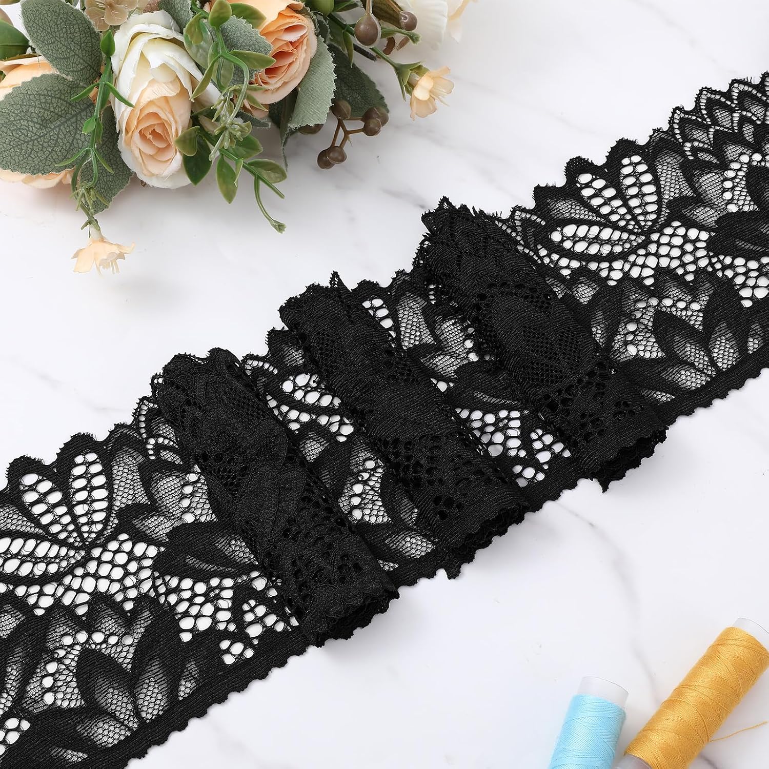 5 Yards Black Lace Trim, 4 Inch Wide Elastic Vintage Lace Fabric Trim, 1 Roll Applique Black Laces Ribbon for Wedding Dress, Bridal Decorations, Sewing Crafts DIY Projects(5 Yards 4 Inch Wide)