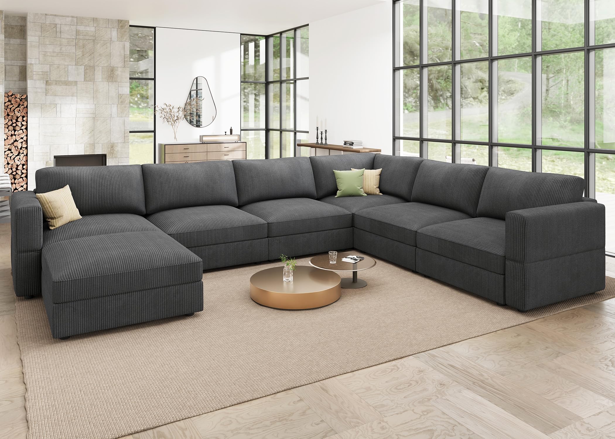 HONBAY Modular Sectional Sofa with Storage Corduroy Sectional Couches with Chaise U Shaped Sectional Couches for Living Room,Dark Grey