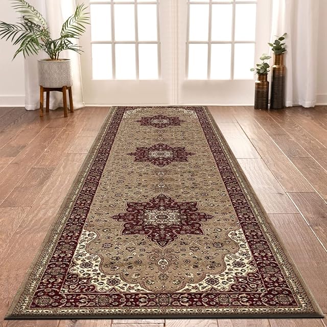 Shop Direct 24 Hallway Runner, Classical Geometric Design Rugs Non Slip Washable Long Narrow Hall Living Room Carpet Runner Rug Kitchen - 80 X 300 - Rome Beige