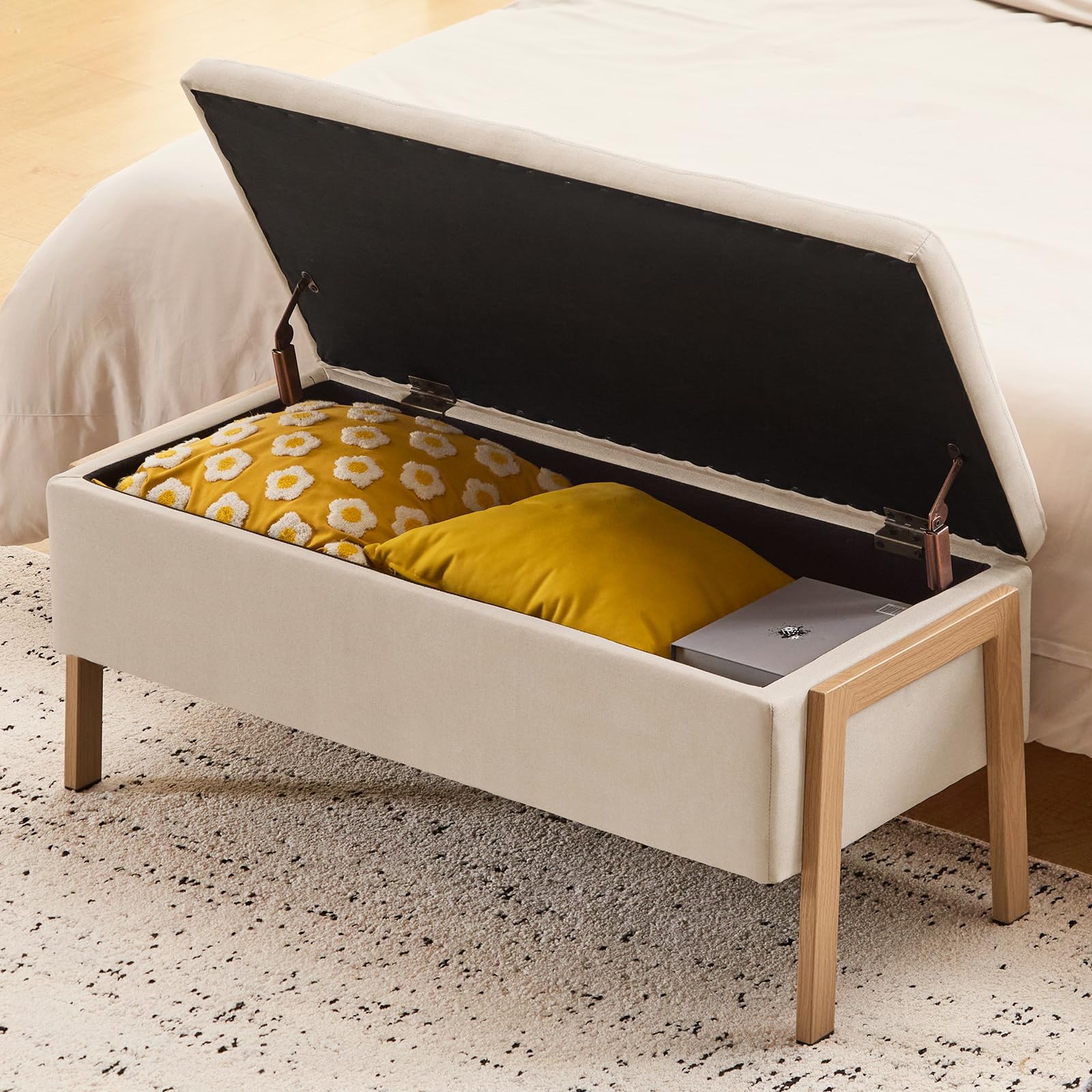 Sitzbank mit Stauraum 98cm, Sitzbank mit Beinen, Rechteckig, Aufbewahrungsbox, bis 300 kg belastbar, Gepolstert, mit Stauraum, Schlafzimmer, Flur, Polsterhocker, Leinen, Beige
