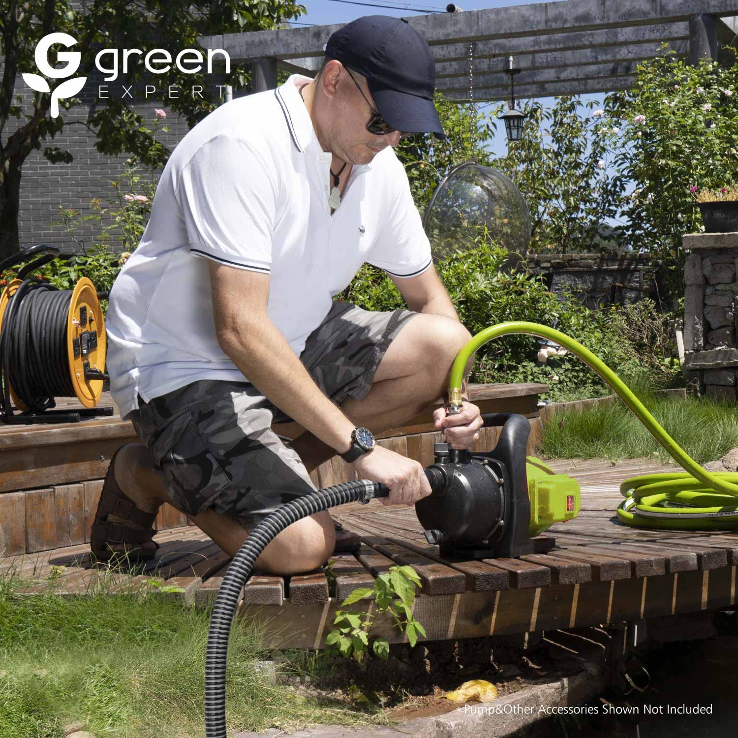Green Expert - Manguera de entrada de agua de 1 pulgada con válvula de pie para bomba de pozo poco profundo, entrada de nada, tubo de succión de 25 pies de longitud, color negro