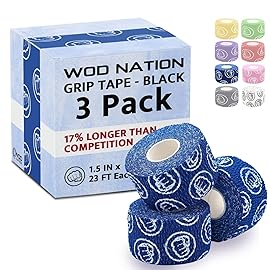WOD Nation Weightlifting Hook Grip Athletic Tape - Sweat-Proof Thumb Tape - Anti-Blister Weightlifting Grips - Moldable Stretch Gym Wrap - Pack of 3 Rolls, 23 ft Each, Blue