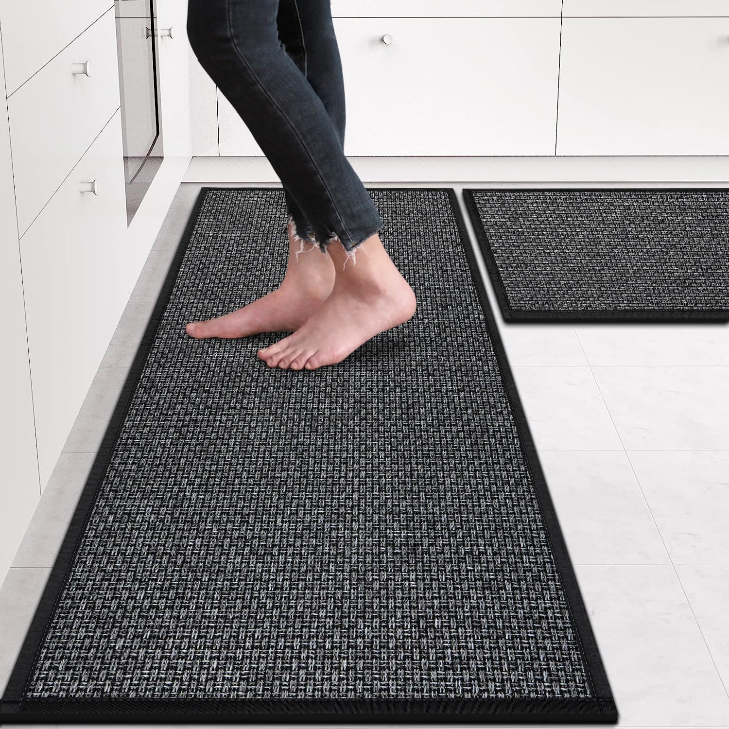 Kitchen Rugs Non Skid Washable Set of 2 PCS, Absorbent Runner Rugs for Kitchen, Farmhouse Weave Floor Mats in Front of Sink, 17.3"x 47"+17.3"x 29" (Inky)