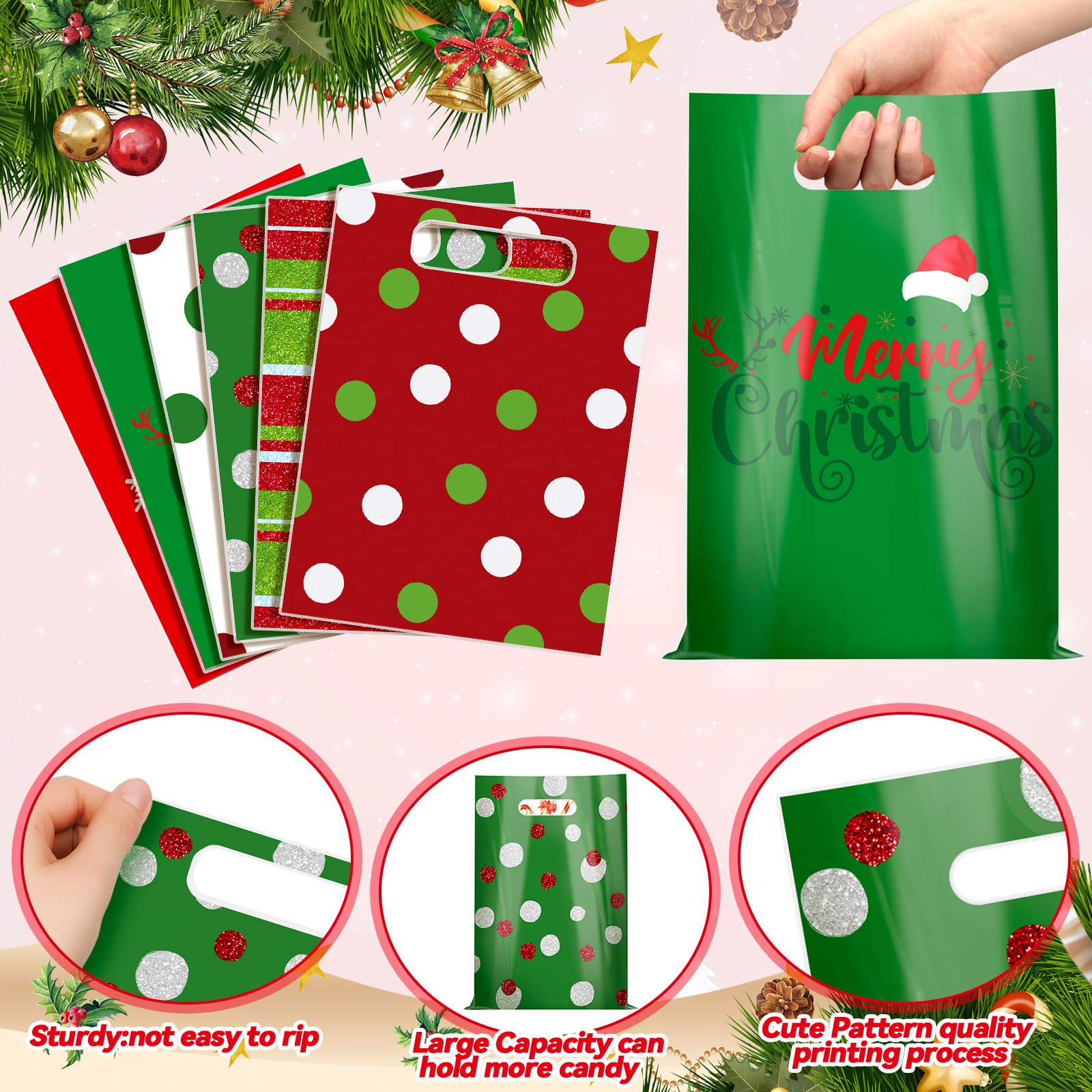 Sinmoe Lot de 200 sacs de Noël en plastique réutilisables avec poignées - 22,9 x 30,5 cm - Pour le shopping, le détail, les fêtes (motif elfe rouge, vert, vert)