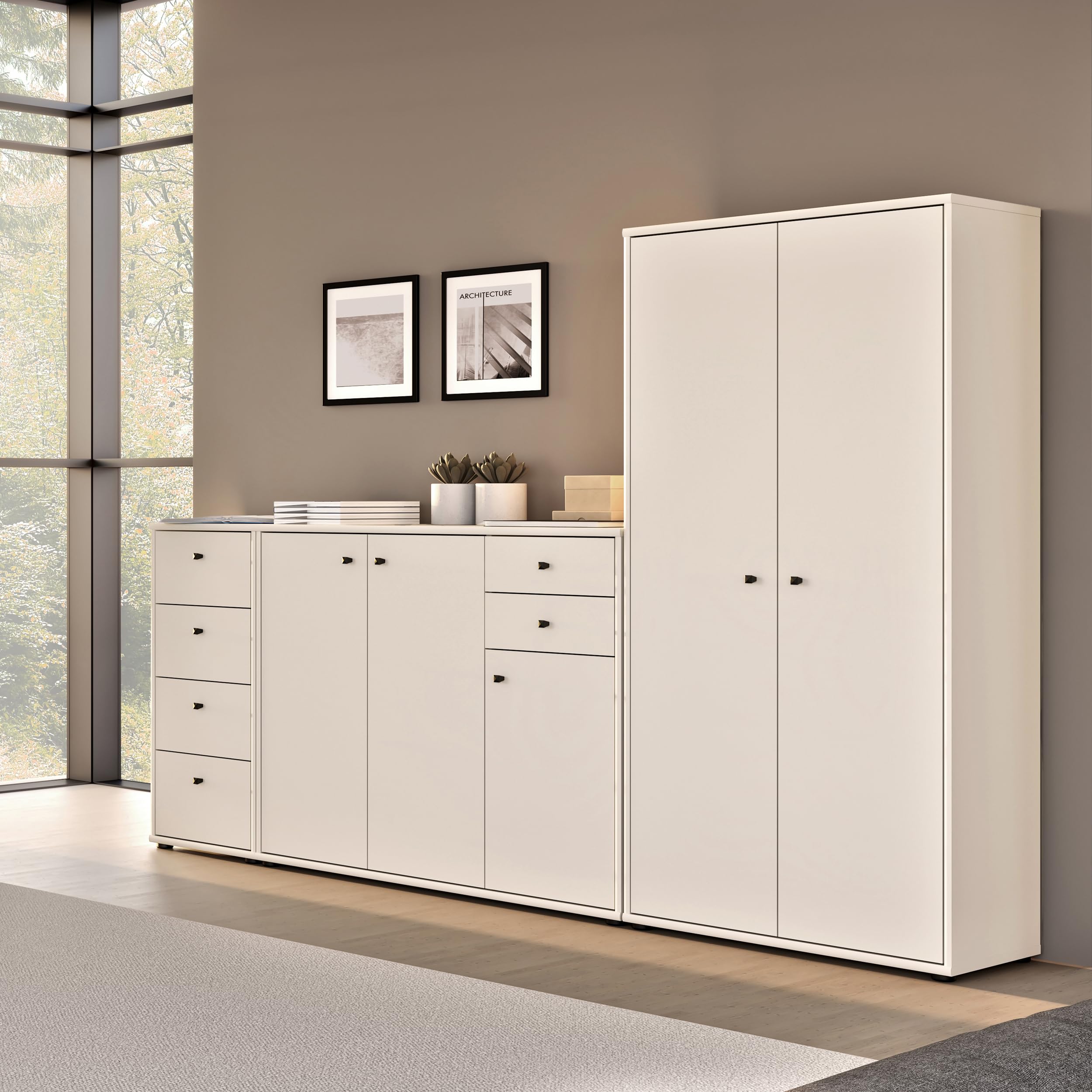 Forte TEMPRA 2 Kommode 40, Moderne Kommode mit 4 Schubladen, Holzwerkstoff, Schlafzimmer, Wohnzimmer, Büro, Kaschmir|Beige, 38,6 cm breit x 85,5 cm hoch x 34,8 cm tief