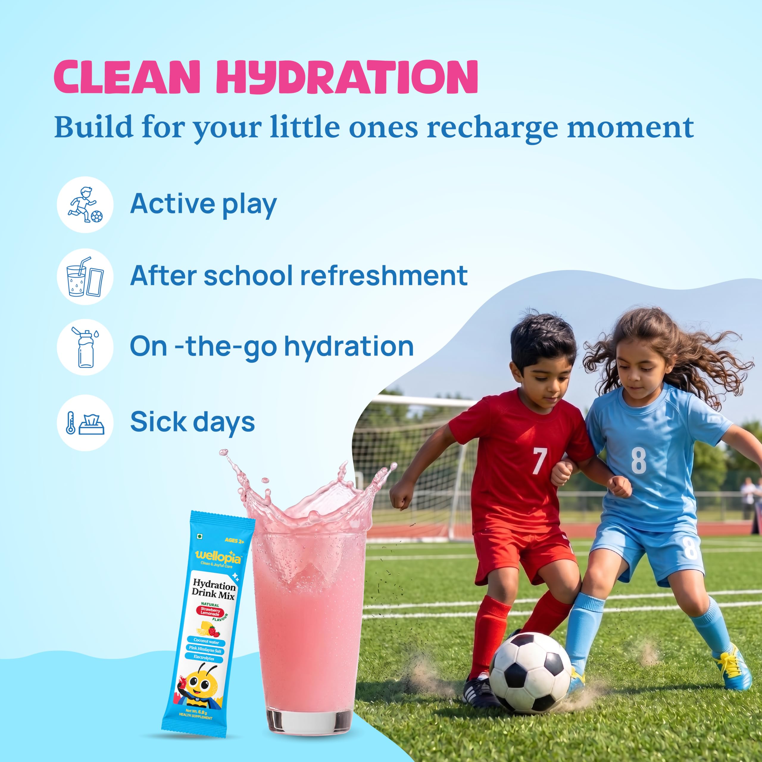 Wellopia Kids Hydration Drink Mix | Coconut Water, Pink Himalayan Salt & Electrolytes | Natural Strawberry Lemonade | No Added Sugar | 15 Sachets (Ages 2+) — Amazon image 5