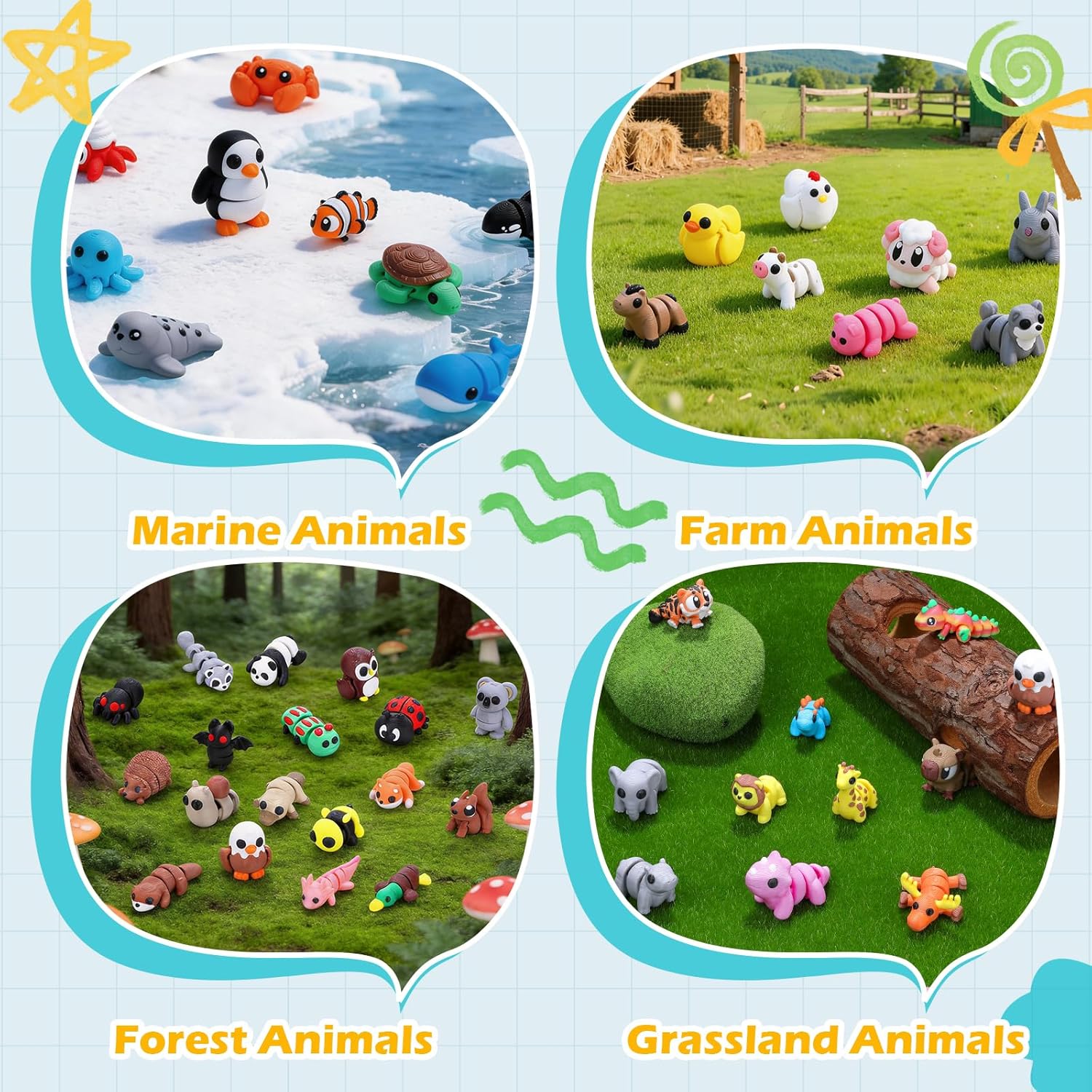 36 PCS 3D Printed Animals Set, Articulated 3D Printed Fidget Animal Toys for Kids Students Classroom Rewards,Party Favors, Easter Christmas Goodie Bag Stuffers, Desk Decor