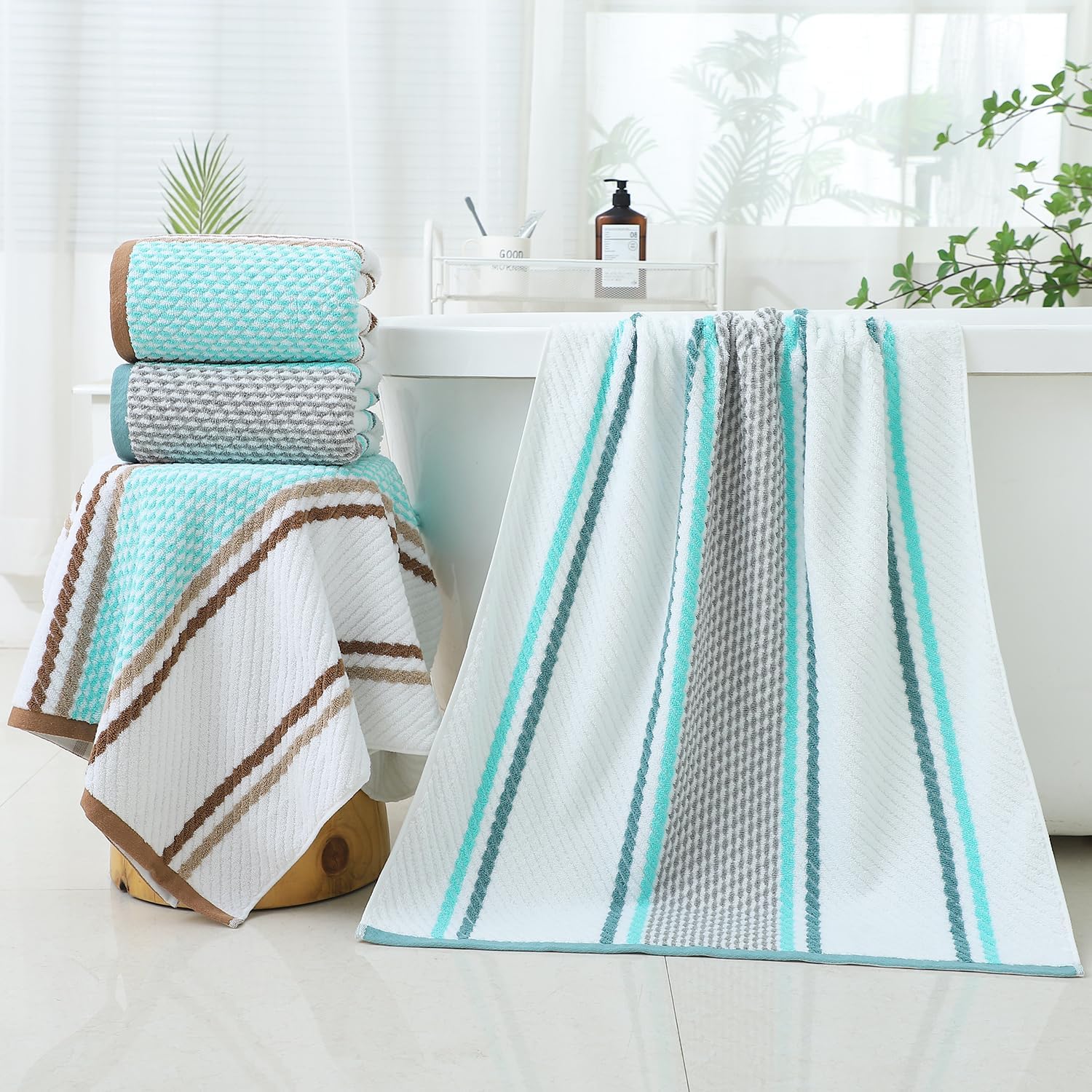Pidada Bath Towel Striped Pattern 100% Cotton Soft Absorbent Decorative Towel for Bathroom (Green) - Image 5