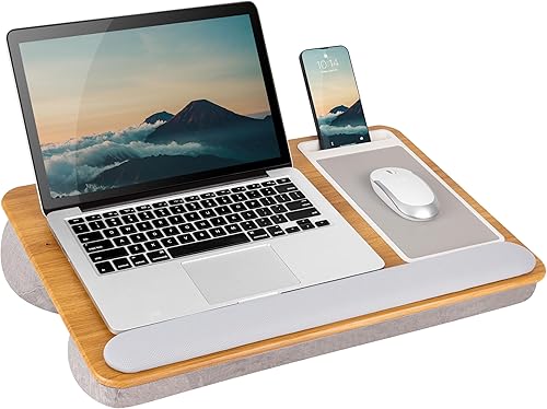 LAPGEAR - Escritorio de regazo Home Office Pro con reposamuñecas, alfombrilla de mouse y soporte para teléfono, marrón (Oakwood), se adapta a