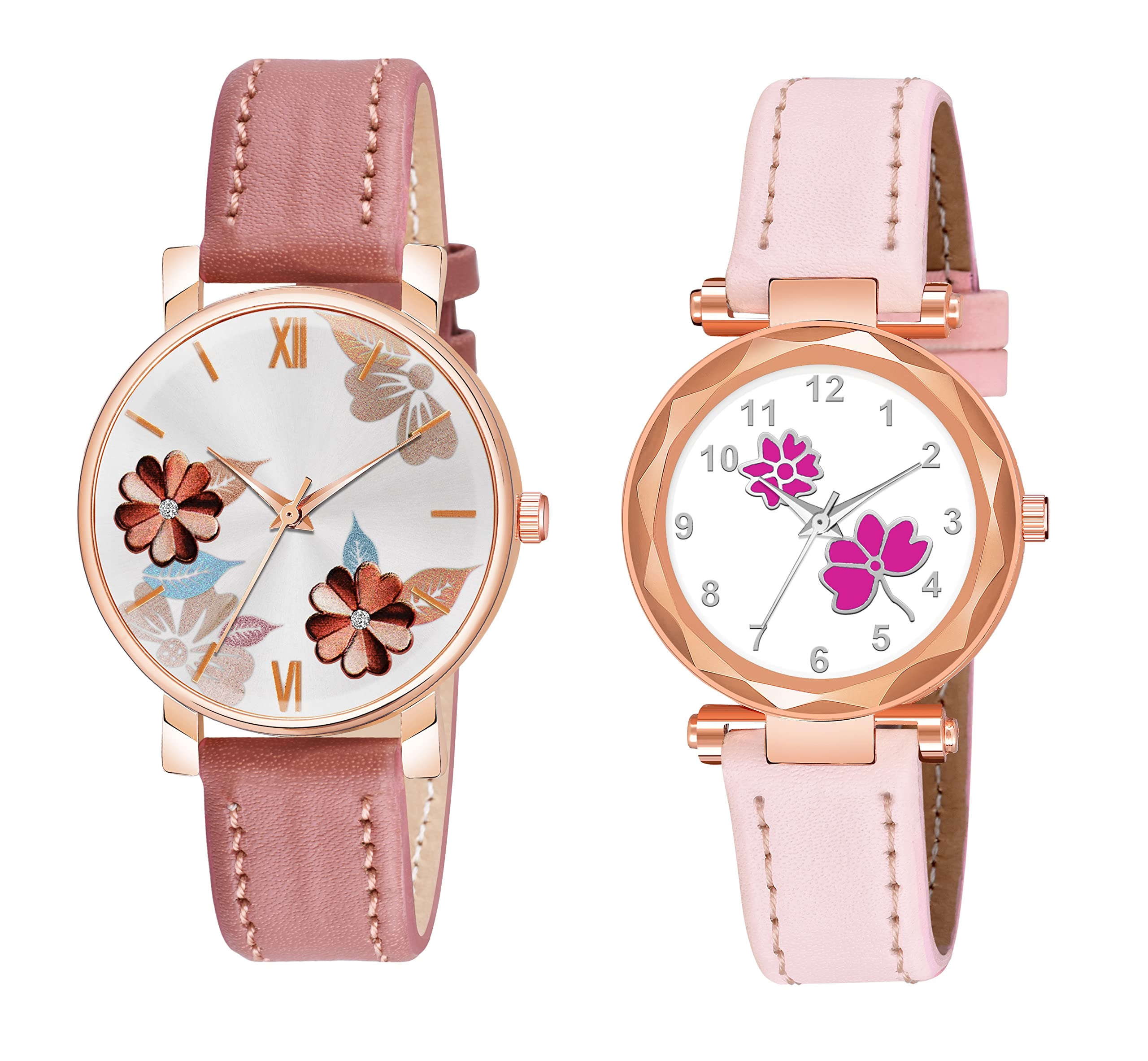 KIARVI GALLERY Analogue Pack of 2 Multicolored Flower Designer Leather Strap Womens and Girls Watch (Peach-Pink) (B0B983WXZP) Amazon Price History, Amazon Price Tracker