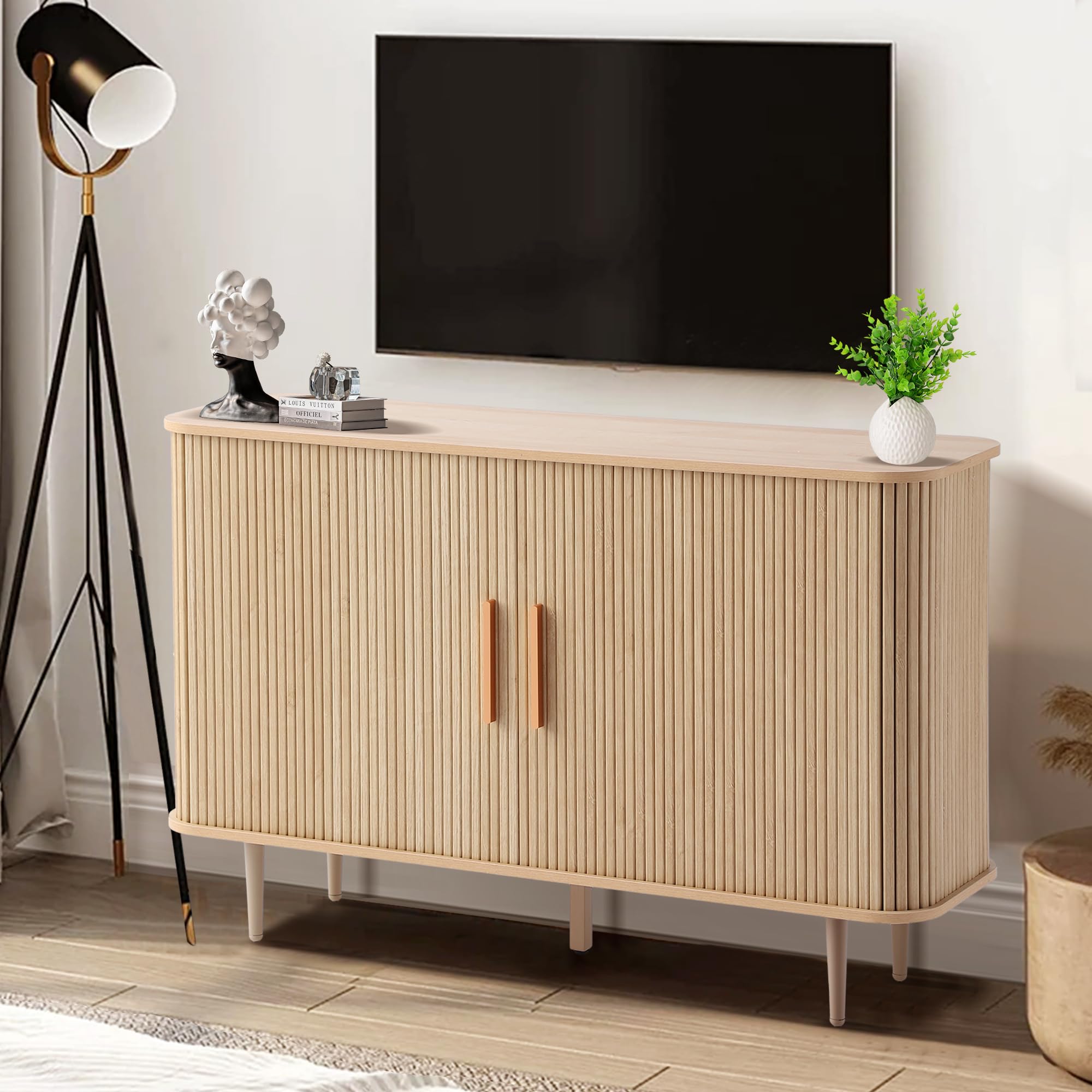 GIODIR 47" Fluted Buffet Cabinet with Tambour Sliding Doors, Modern Sideboard Buffer Cabinets with Storage & Adjustable Shelves, Mid Century Credenza