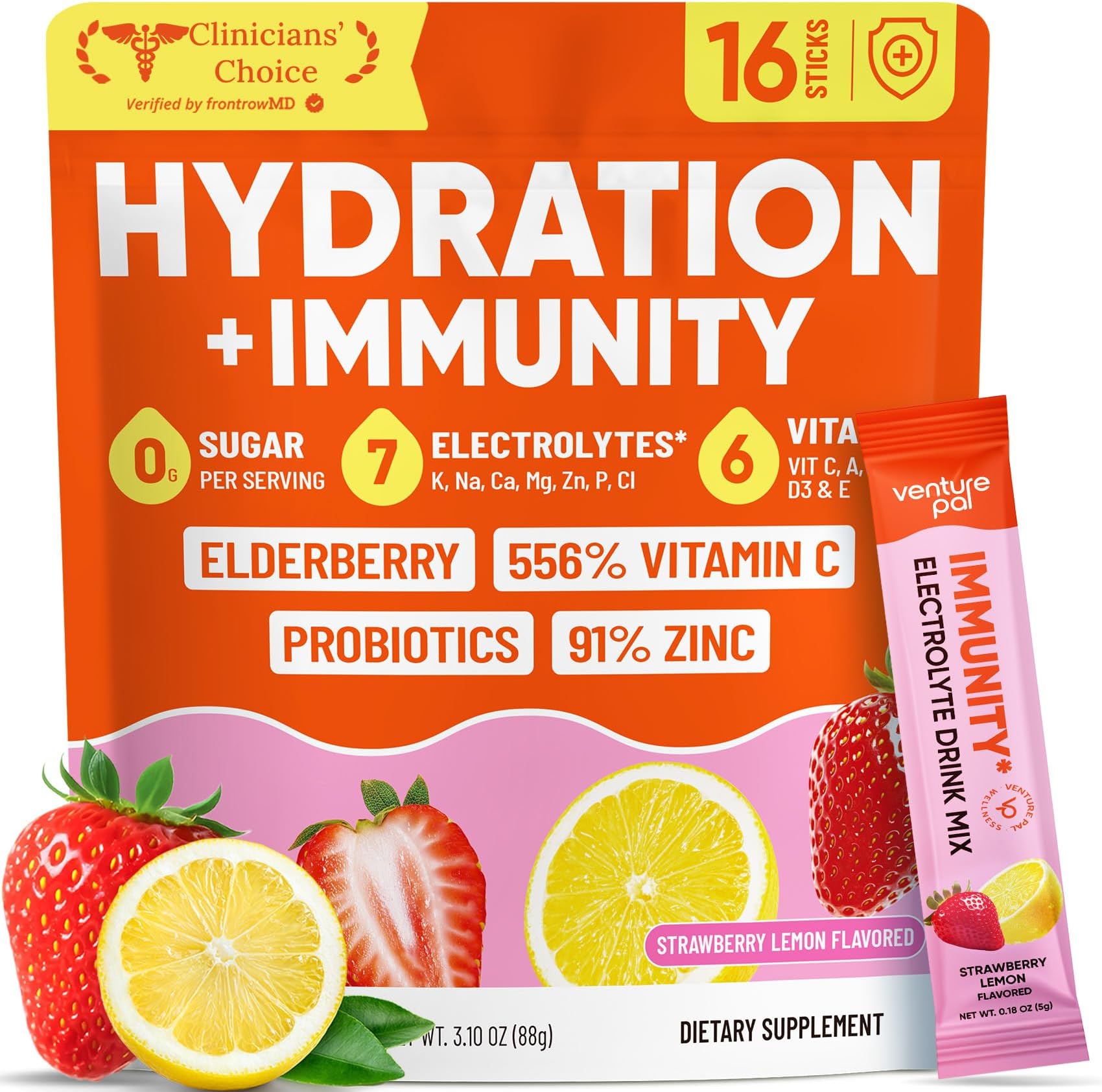 Sugar Free Hydration Packets+Immune-Liquid Daily IV Drink Mix | Electrolyte Powder with 7 Electrolytes & 6 Vitamins, Probiotics + Elderberry | Non-GMO, Keto Friendly, Vegan | 16 Sticks