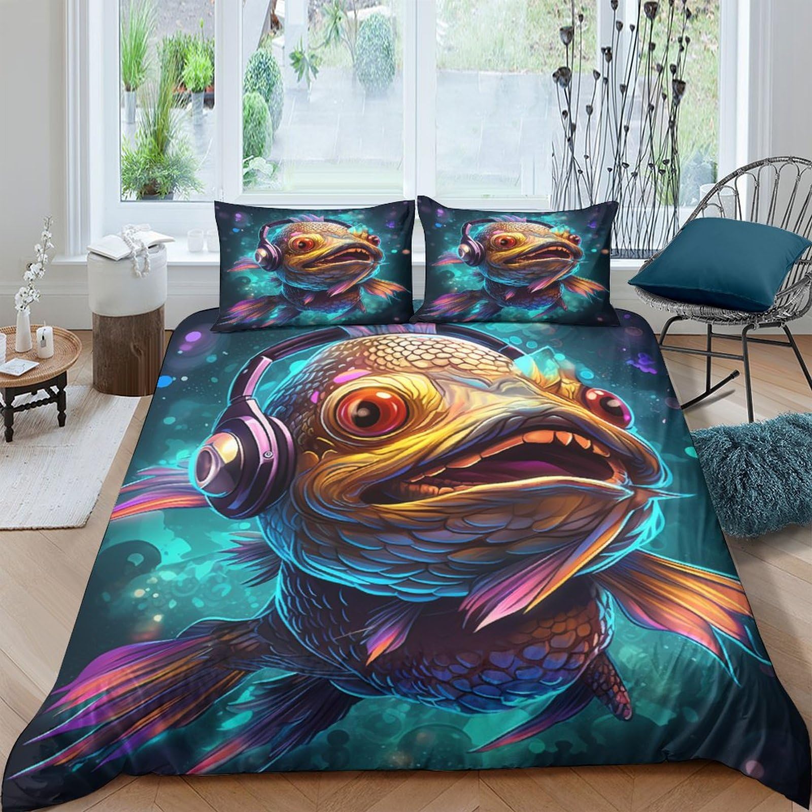 Housse de couette poisson à grosse tête : parure de lit anti-froid en microfibre douce king size