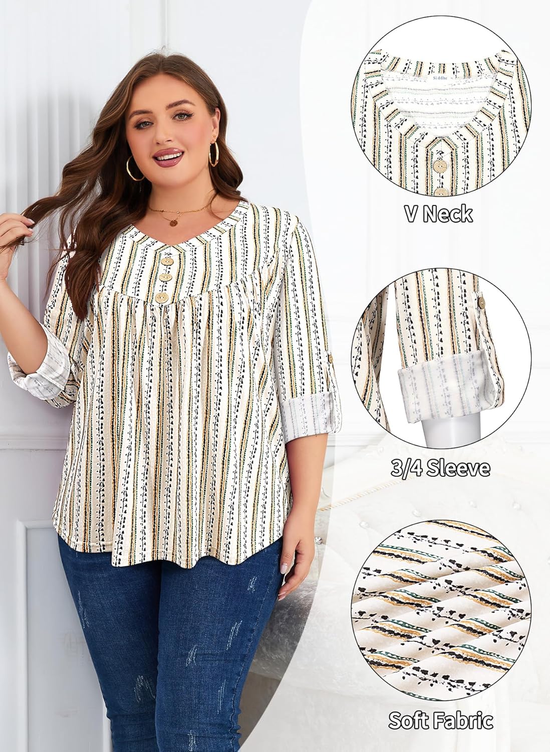 Siddhe Womens Plus Size Tops 3/4 Ruffle Sleeve Loose Fit Blouses Button Square Neck Shirt Casual Pleated Tunic Tops(1X-5X) - Image 4