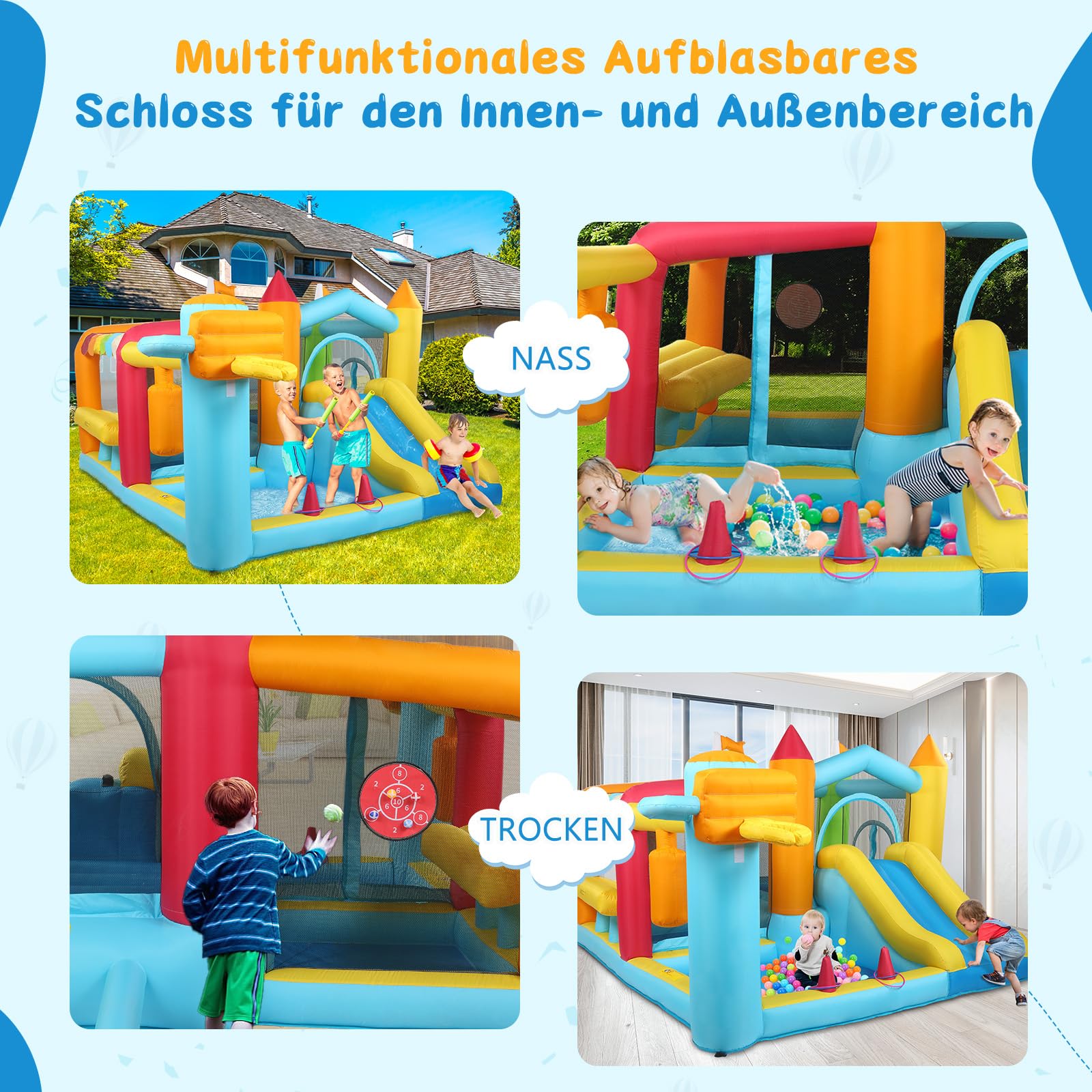 LEADZM Hüpfburg mit Gebläse, Aufblasbares Burgen mit Pool, Rutsche, Trampolin, Boxständer, 356x315x203cm