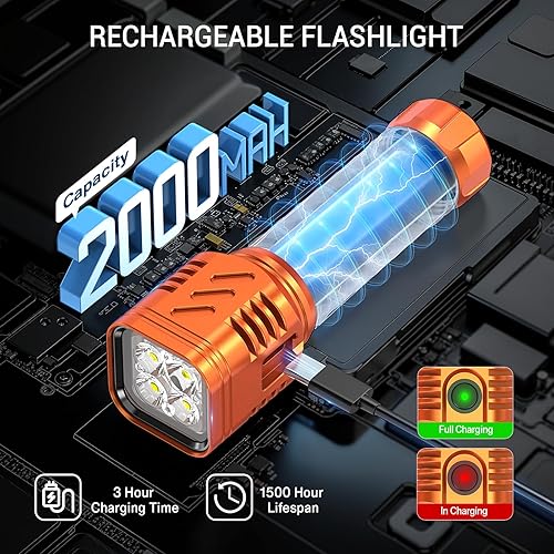 Miniatura 3 de Linternas recargables de alto lúmenes 2000L, 4 x linterna LED de mano súper brillante, potente luz de flash, de larga duración, linterna táctica