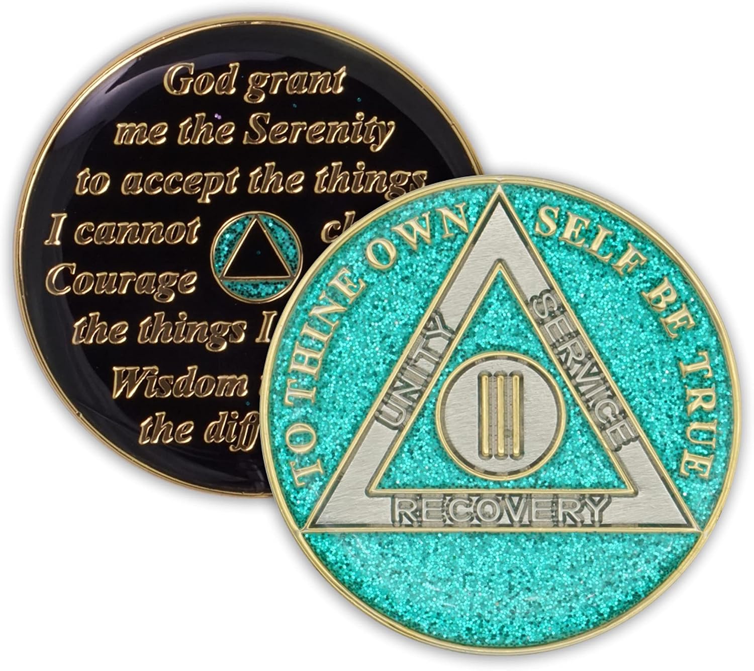 3 Year Sobriety Coin | Glitter Triplate AA Chip Recovery Anniversary Token (Pink)