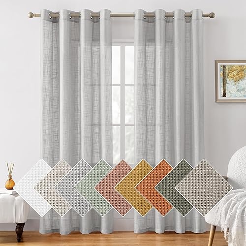HOMEIDEAS Light Grey/Gray Linen Textured Sheer Curtains, 84 Inches Long 2 Panels Semi Sheer Curtains Farmhouse Window Drapes for Bedroom Living Room, 2 Panels, W52 x L84