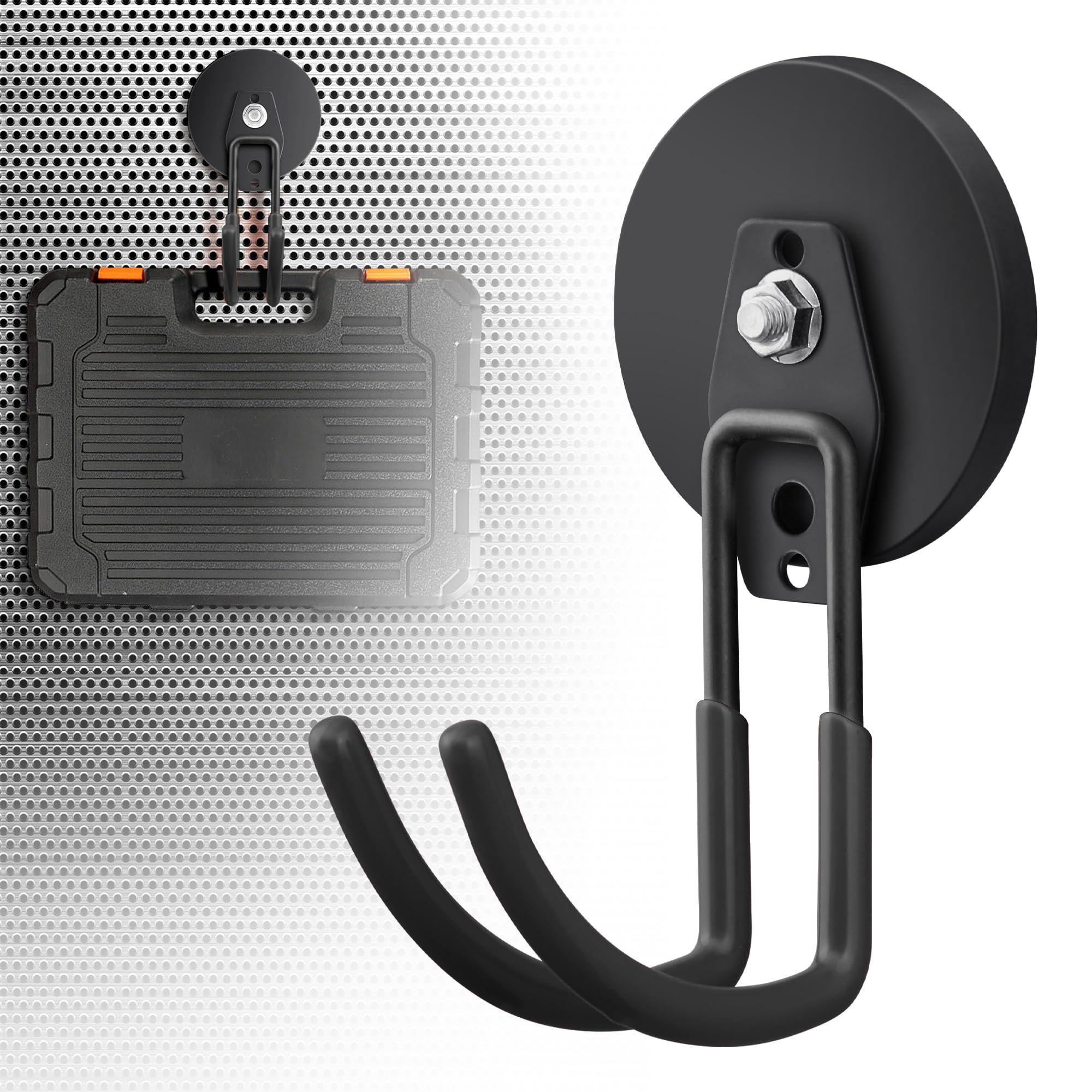 Photo 1 of 2 Pack Large Strong Magnetic Hooks for Hanging Heavy Duty, 3.5in Neodymium Magnet Storage Utility Hooks, Steel Long Magnetic Holder/Hanger Hook Organizer for Hanging Garage/Garden/Power Tools