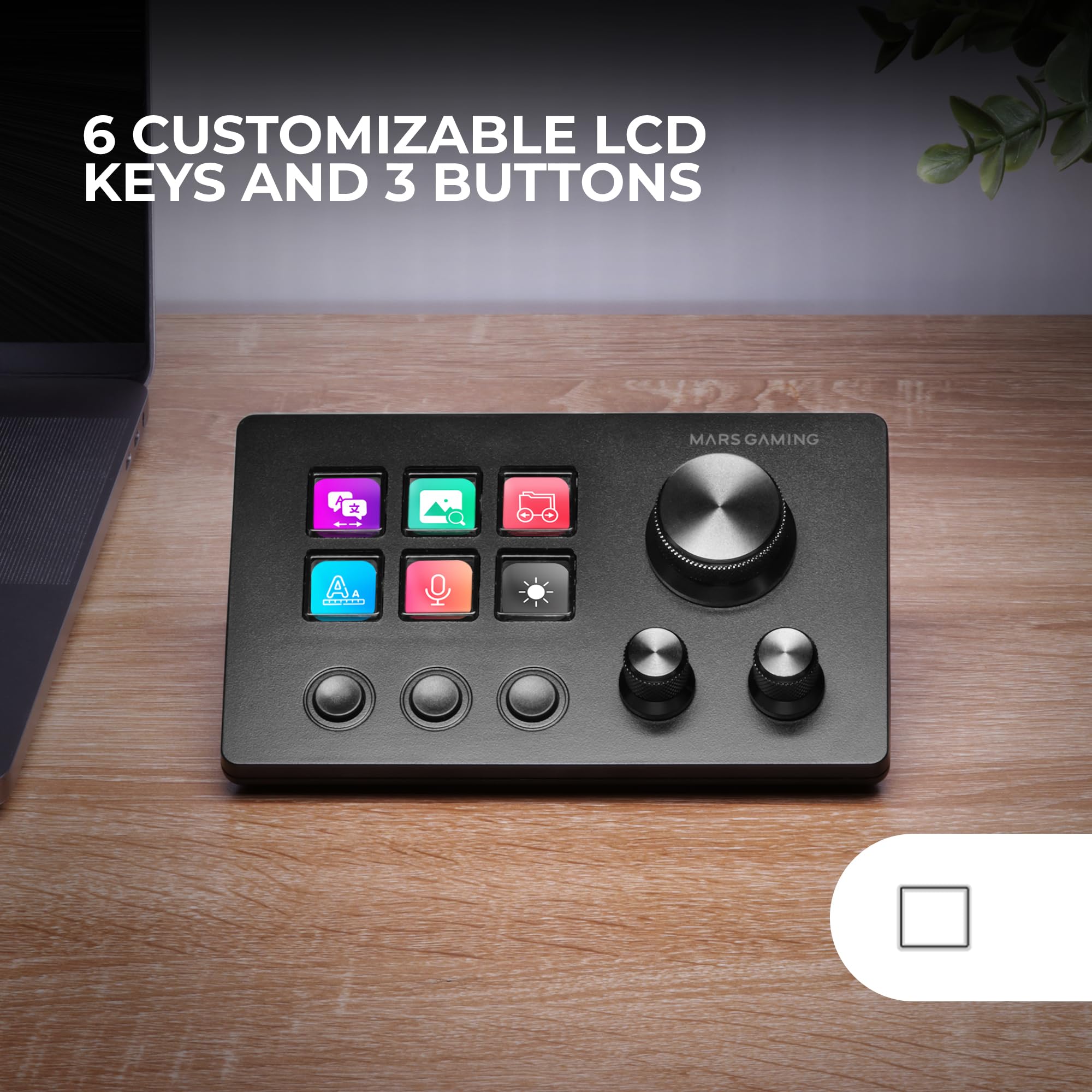 Mars Gaming MSD-Pro, Control Deck, 10 Teclas LCD y 4 Diales Personalizables, Pantalla Táctil Extendida Animada, Base Ajustable; Software de Control, Hub USB con 2X USB 3.0 1x USB-C, Negro