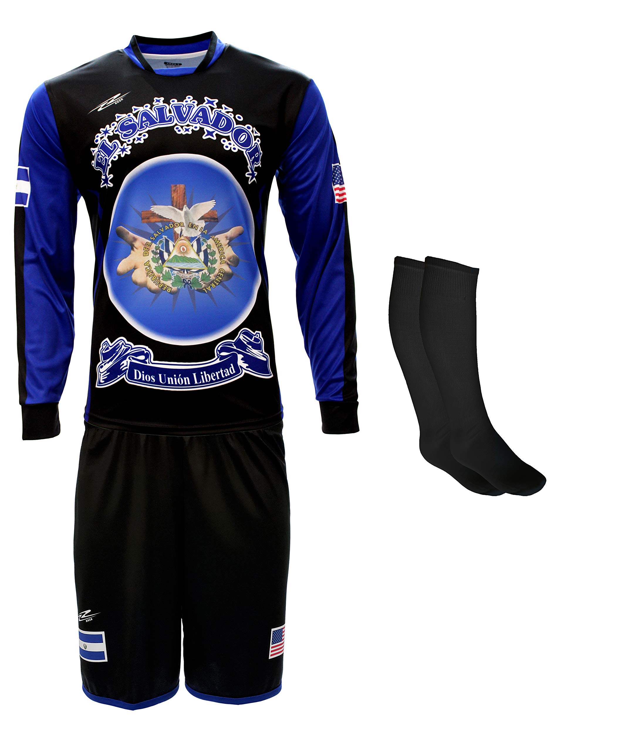 ARZA El Salvador Uniform Color Black and Blue Jersey,Short,Socks and Number (Medium)