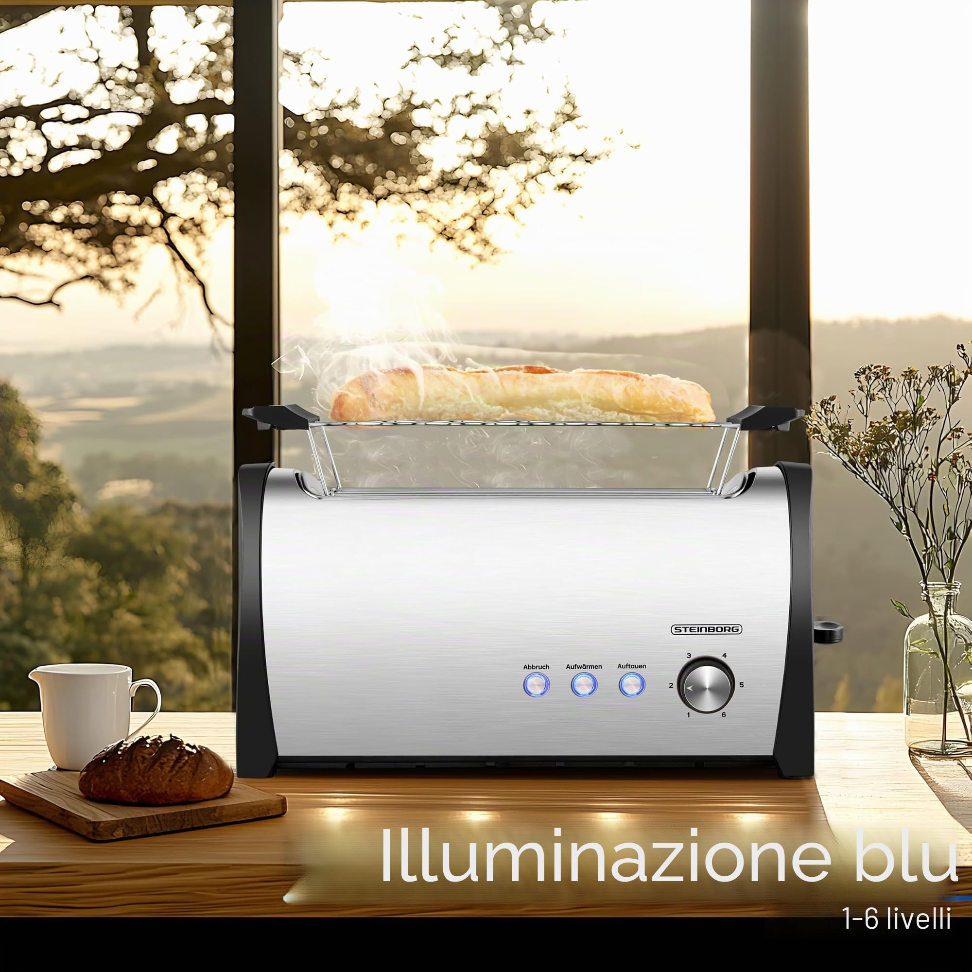 Steinborg Tostapane a 4 fette con inserto per panino, XXL, in acciaio inox, blu, illuminazione a LED, spegnimento automatico, tostapane doppio, tostapane per famiglie