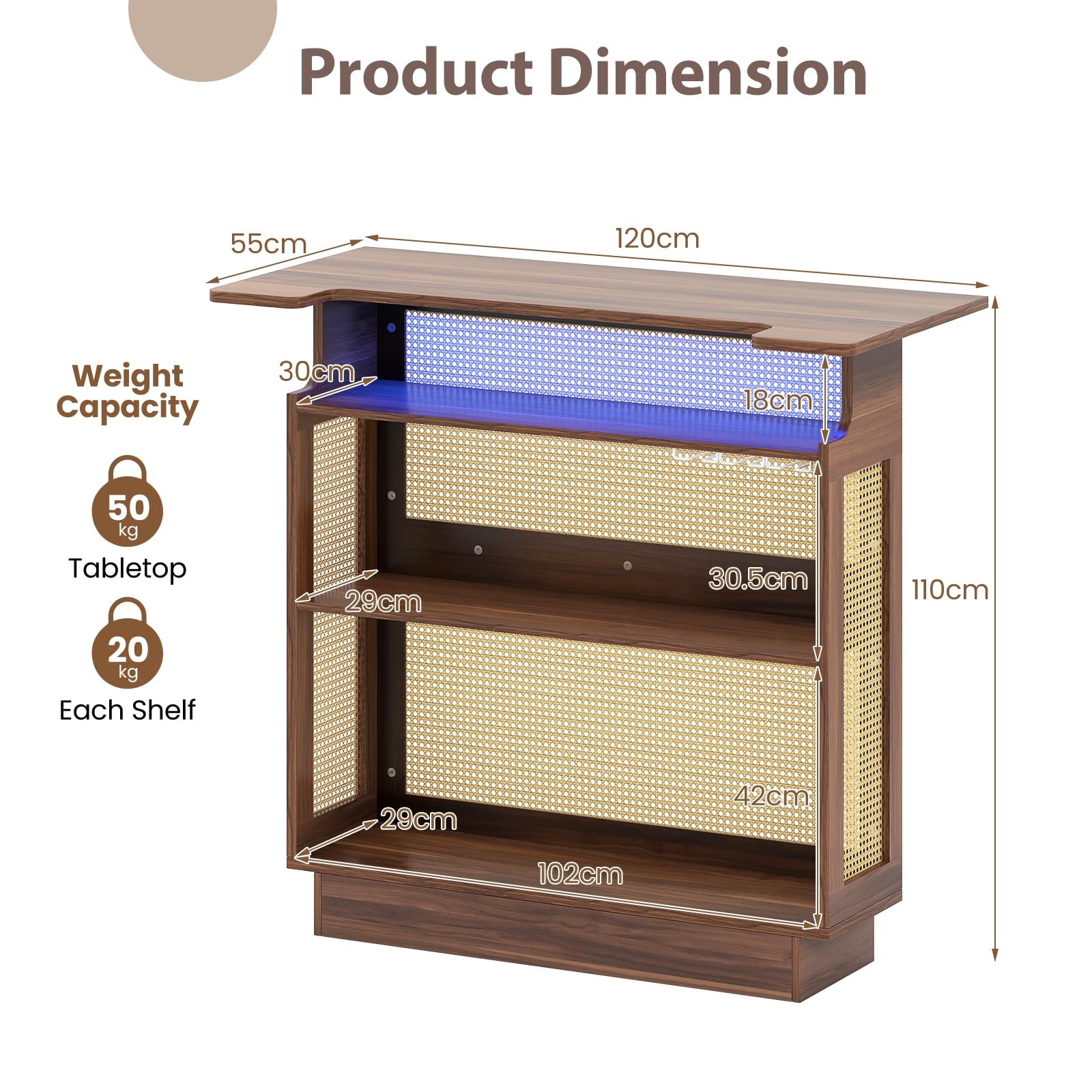 LIFEZEAL Mesa de bar de madera, barra de bar con iluminación LED, estantería de cocina de ratán con soporte para vasos y estantería, mesa de bistró, mesa de bar, diseño industrial, 55 x 120 x 110 cm