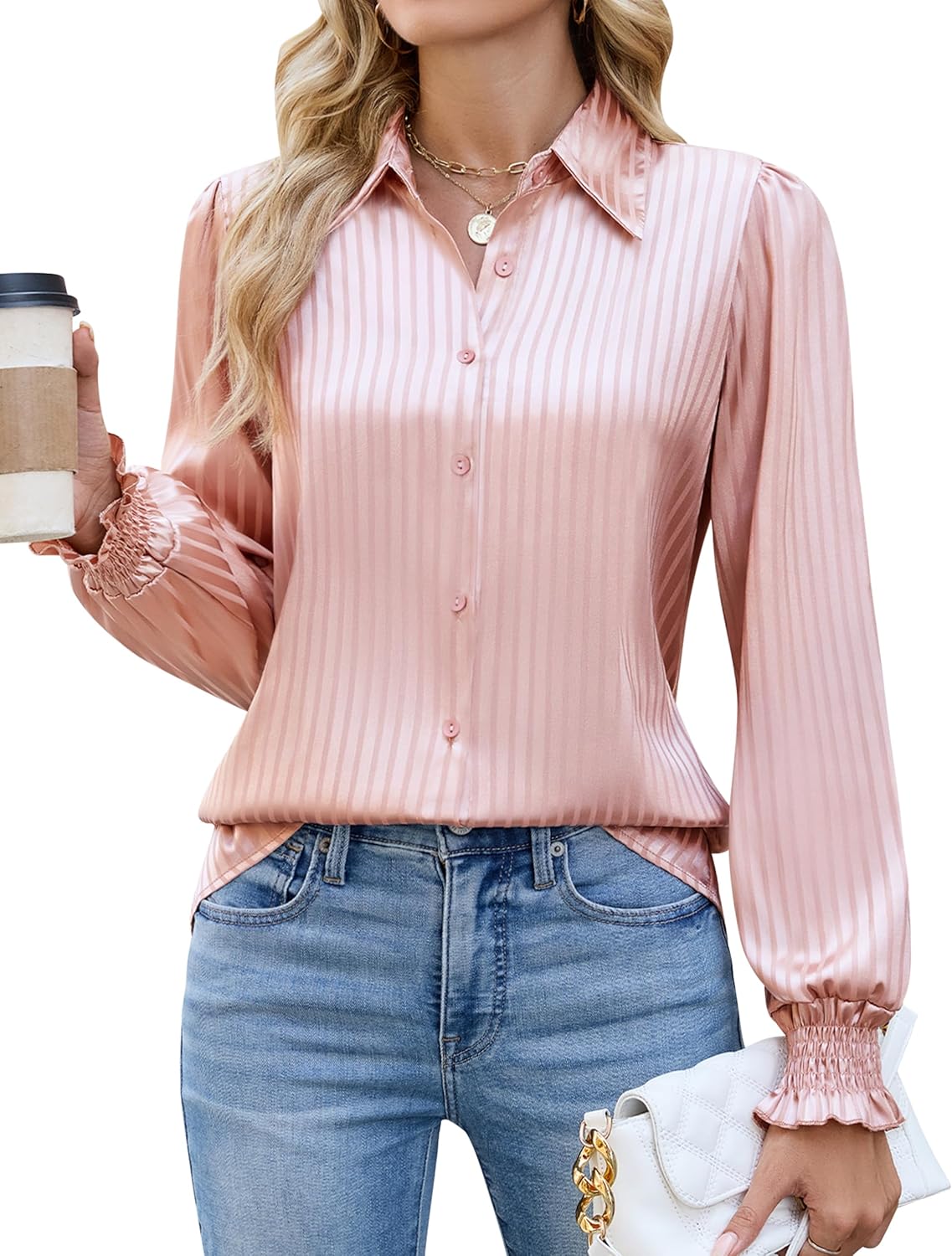 Blooming Jelly Blouses for Women Dressy Casual Button Down Shirts Business Casual Outfits Smocked Cuff Fall 2025 Tops
