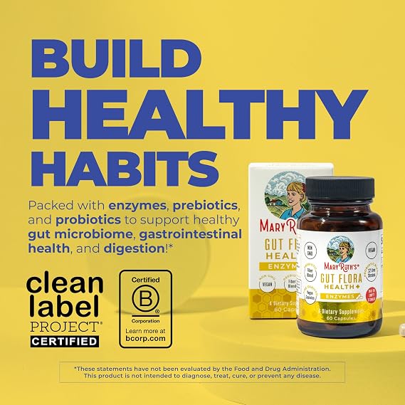 MaryRuths Gut Flora Health+ Enzymes | Prebiotic & Probiotic Digestive Enzymes for Healthy Gut Biome & Digestive Support | Gastrointestinal Health | CLP Certified | 60 Capsules | 2 Month Supply