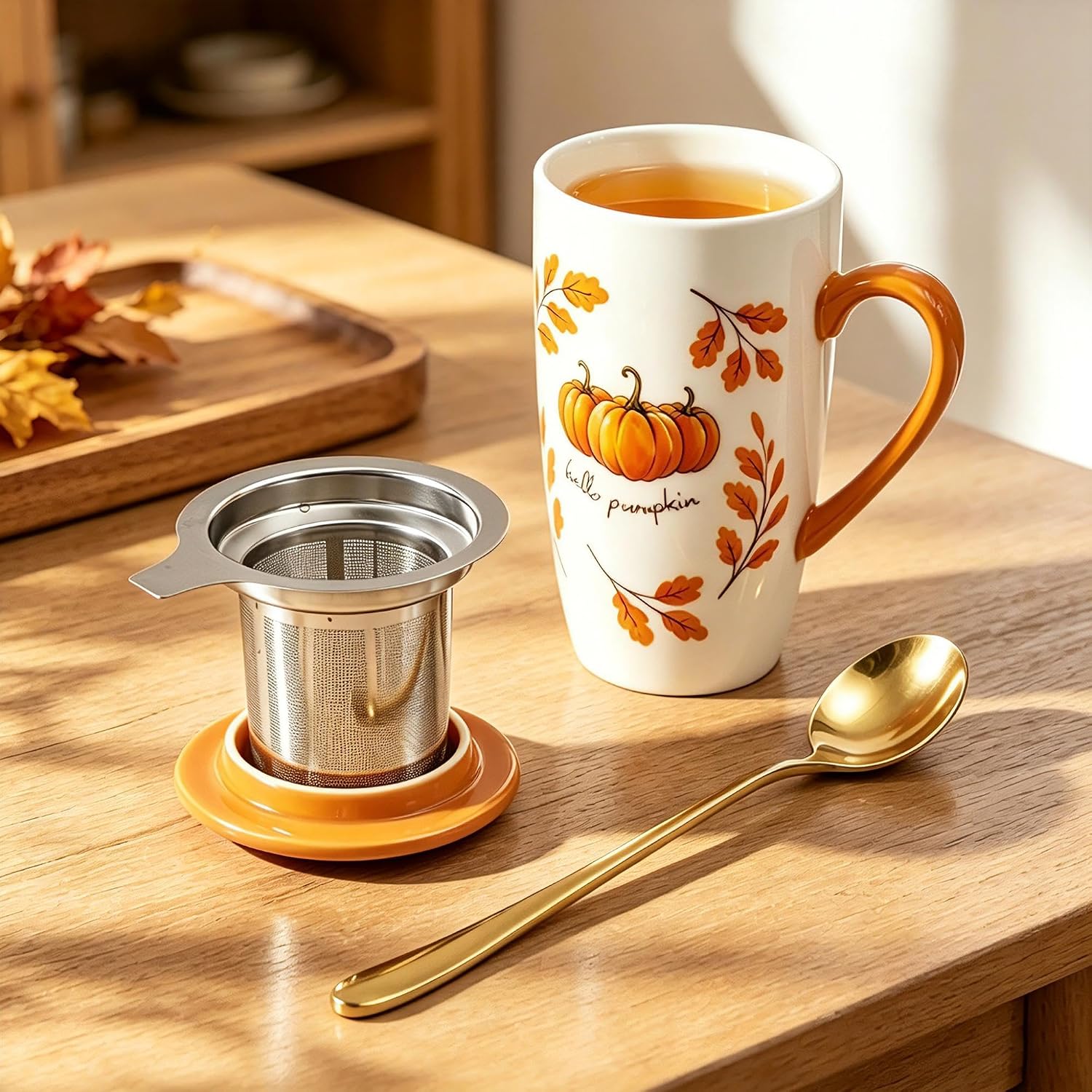 Ceramic Tea Infuser Mug with Lid & Spoon, 16OZ, Orange Pumpkin