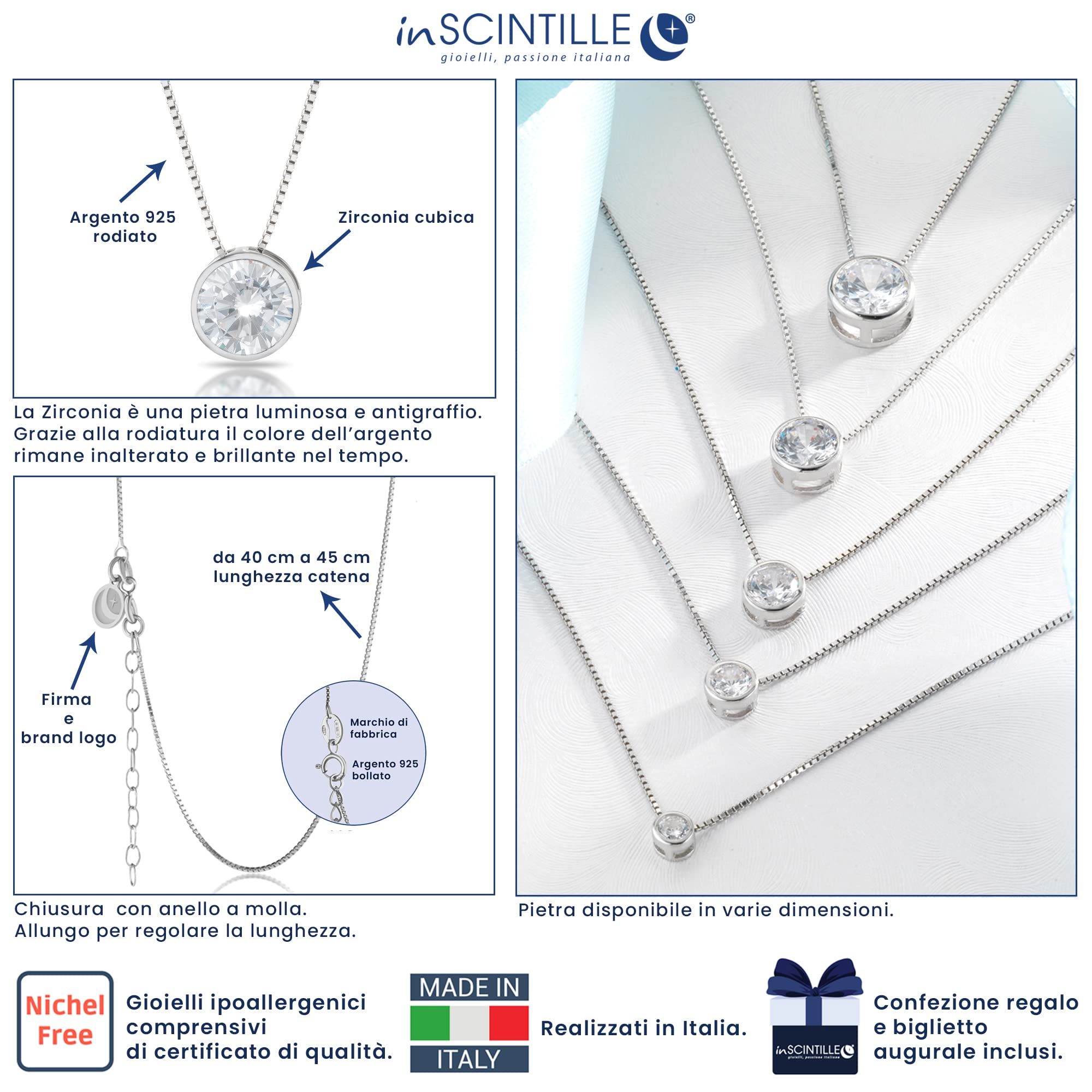 inSCINTILLE Collana Donna Argento 925 Rodiato Punto Luce a Cipollina con Zirconia Cubica – Regolabile 40-45 cm – Gioiello Elegante Idea Regalo