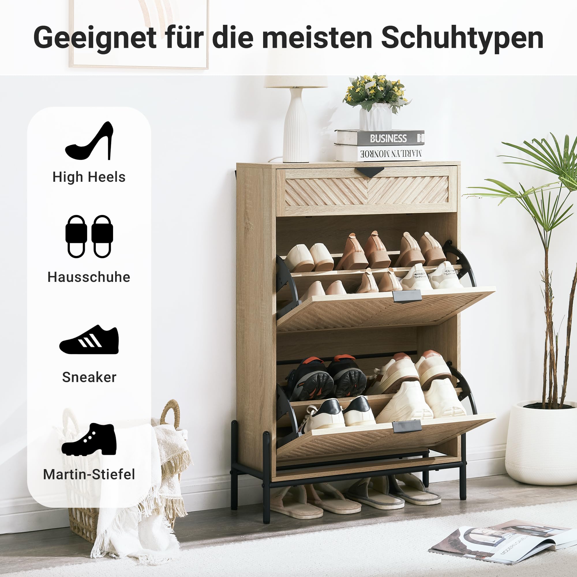 Schmaler Schuhschrank Schuhregal 2 Klappen Schublade, Eiche
