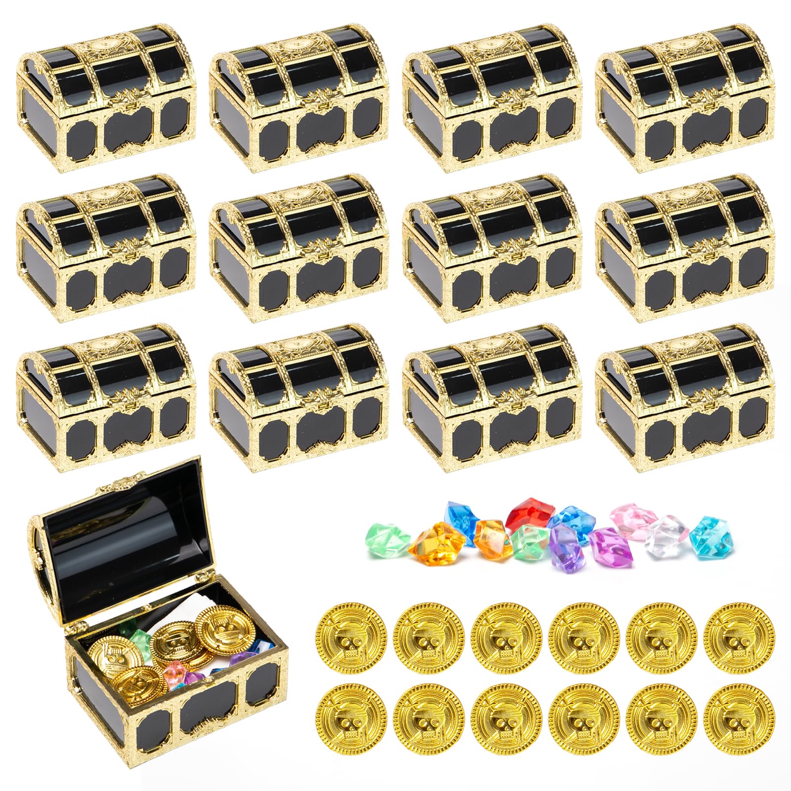 12 Pezzi Piccolo Scrigno Del Tesoro Forziere Pirati,12 Gemme per I Bambini e 12 Moneta Oro Plastica Scrigno Tesoro per Caccia Al Tesoro per Pirati Feste Compleanno