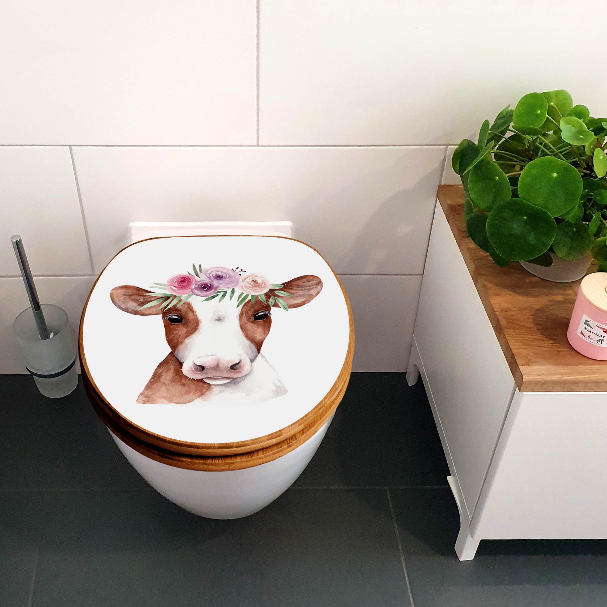 banjado Design WC Sitz Bambus Absenkautomatik 45,8x37,5cm - Toilettendeckel mit Absenkautomatik Holz - hochwertiger Bambus Klodeckel - WC-Sitz für gängigen Toiletten - Motiv Kuh mit Blumenkrone