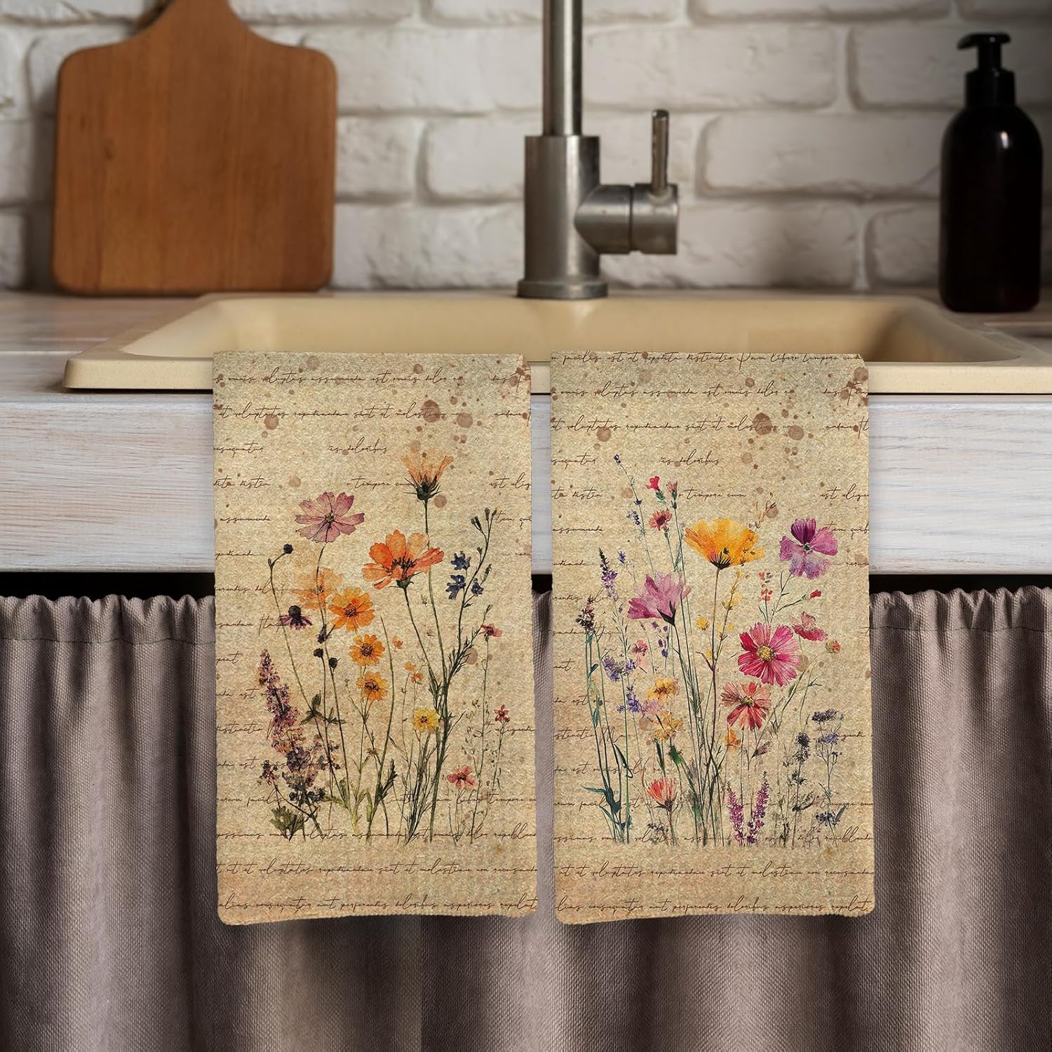 Vintage Floral Kitchen Towels Set of 2, Retro Floral Hand Towels for Bathroom, Rustic Cottagecore Wildflower Flower Botanical Decorative Set Dish Tea Towel for Kitchen, 16X24In - Image 6